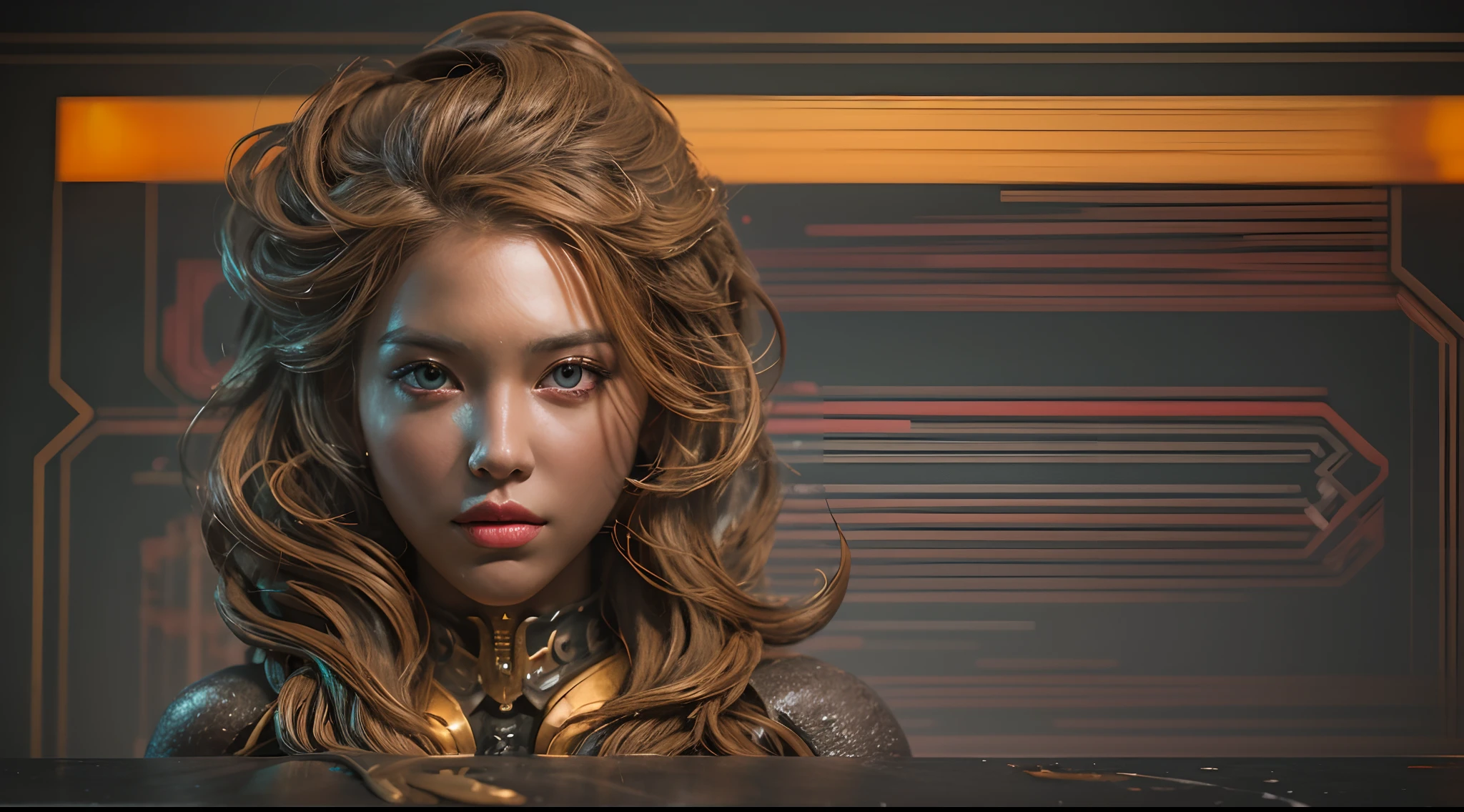 (Masterpiece, professional work, award winning), ultra realistic illustration, centered, mid shot, full body front view, looking toward camera, biochemical android steampunk, dynamic pose, orange long wavy hair, expressive, beautiful bang, ultra detailed steampunk museum vibrant colors create a hype realistic color splash art, Unreal minimalism with octane render creates depth of field with bokeh. Style: A sculpture made with bronze, using a combination of traditional techniques and 3D modeling, (Ultra detailed, finest detail, intricate), (Epic composition, epic proportion, epic fantasy), cinematic lighting, volumetric lighting, studio lighting, neon light, global illumination, (depth of field:0.4, blur, bloom:0.2), reflection, hard shadow, contrast, vibrant color, RAW photo, photography, UHD,