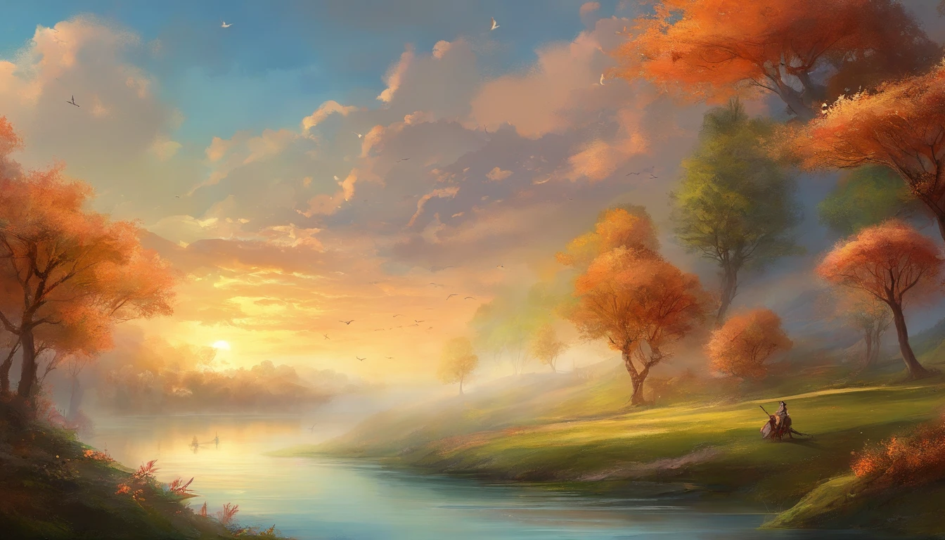 tmasterpiece,Best quality at best,high high quality,Clear lake, Rolling green mountains, A gentle breeze blows through the willow branches, surrounded by cloud, Swallow shuttle, A flock of geese flying in the setting sun, The sadness of parting is intertwined with autumn, Peaceful and natural picture,(Very detailed CG unity 8K wallpaper),most beautiful artwork in the world,Professional majestic oil painting,iintricate,high detal,sharp fokus,dramatics,Realistic painting art