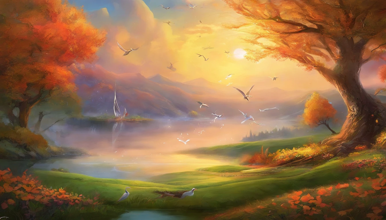 tmasterpiece,Best quality at best,high high quality,Clear lake, Rolling green mountains, A gentle breeze blows through the willow branches, surrounded by cloud, Swallow shuttle, A flock of geese flying in the setting sun, The sadness of parting is intertwined with autumn, Peaceful and natural picture,(Very detailed CG unity 8K wallpaper),most beautiful artwork in the world,Professional majestic oil painting,iintricate,high detal,sharp fokus,dramatics,Realistic painting art