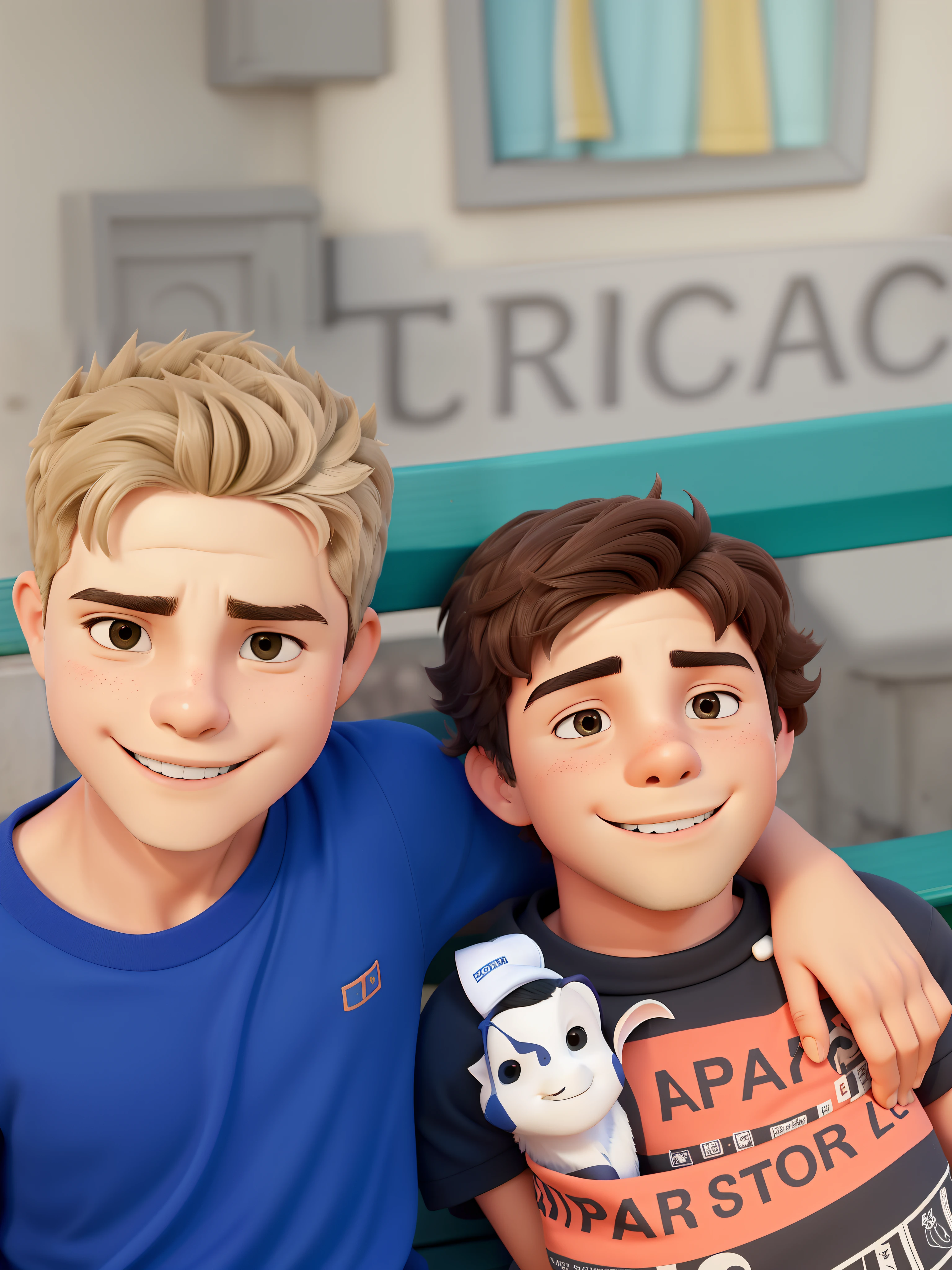Two boys sitting on a bench with their arms around each other, siblings, cabrito, Directed by: Nandor Soldier, both smiling for the camera, meninos bonitos, rostos bonitos, Bowater Charlie e Brom Gerald, younger brother vibes, caio santos, uma imagem, lucas graziano, Directed by: Emerson Silva, Ronaldo Luis Nazario da Lima