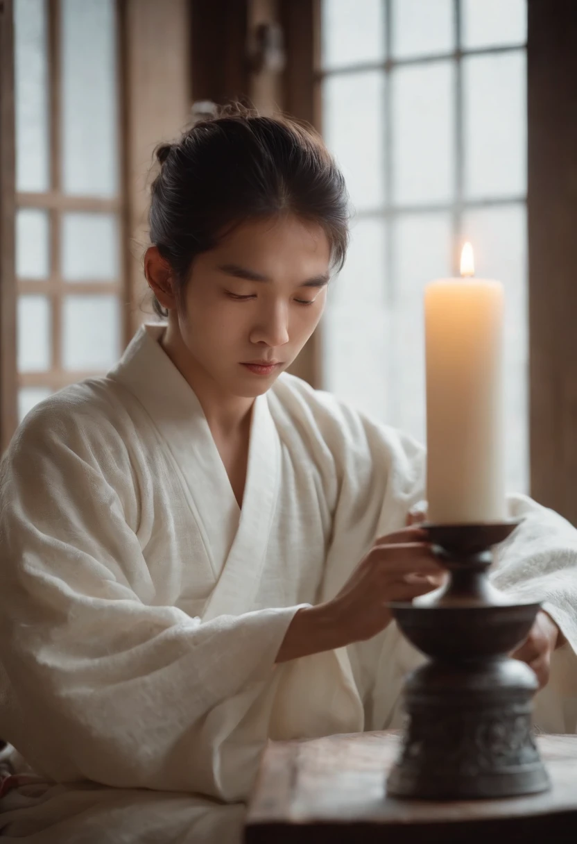 The white dragon boy in Spirited Away,Lidhead of the pot, Candlelight in a medieval setting, super sharp focus, realistic lens,Men's Japanese kimono, shorter pants,Four colors (Scar:1.4)