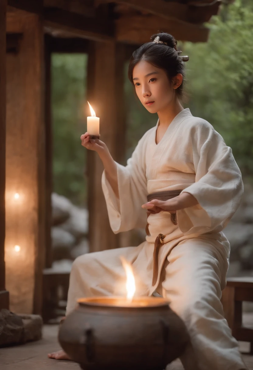 The white dragon boy in Spirited Away，Lidhead of the pot， Candlelight in a medieval setting, super sharp focus, realistic lens,Men's Japanese kimono, shorter pants，Four colors (Scar:1.4)