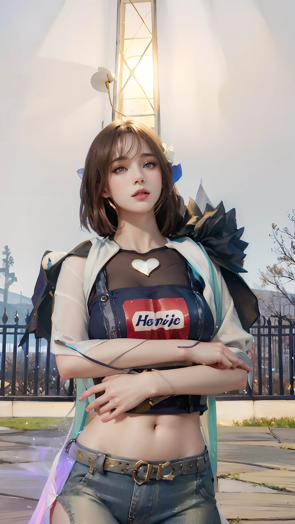 masterpiece, Great style, whole body, One girl, bangs, Black choker, Black tie, Blonde, Blue skirt, blush, bracelet, Beautiful breasts, choker, waist dress, clavicle, Collared shirt, Denim Photos, Dress shirt, Ear Earringss, Eyebrows visible through hair, Gradient Hair, Grin, Improve, jewelry, Kogal, Long Hair, Looking at the audience, Loose tie, tie, Earrings, Plaid skirt, Plaid skirt, Pleated skirt, Red eyes, ring, , shirt, skirt, smile, alone, 白のshirt, street, null, cherry blossoms, petal, figure, (magazine: 1.3), (cover style: 1.3), fashion, woman, Vibrant, clothing, Pause, front, colorful, dynamic, background, element, have confidence, Expressive, all, statement, Attachments, Majestic, Coiled, The surrounding area, touch, scene, article, cover, bold, Eye-catching, title, fashion, font, Catchy, title, Greater than, Eye-catching, Modern, stylish, Concentrated, stylish, Black Stockings
