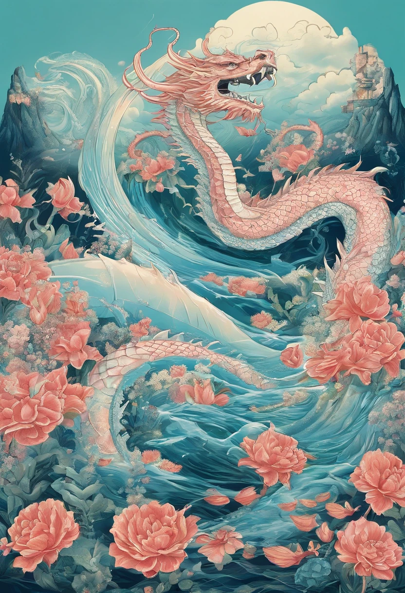 In the sea, a dragon crosses in the sea flowers