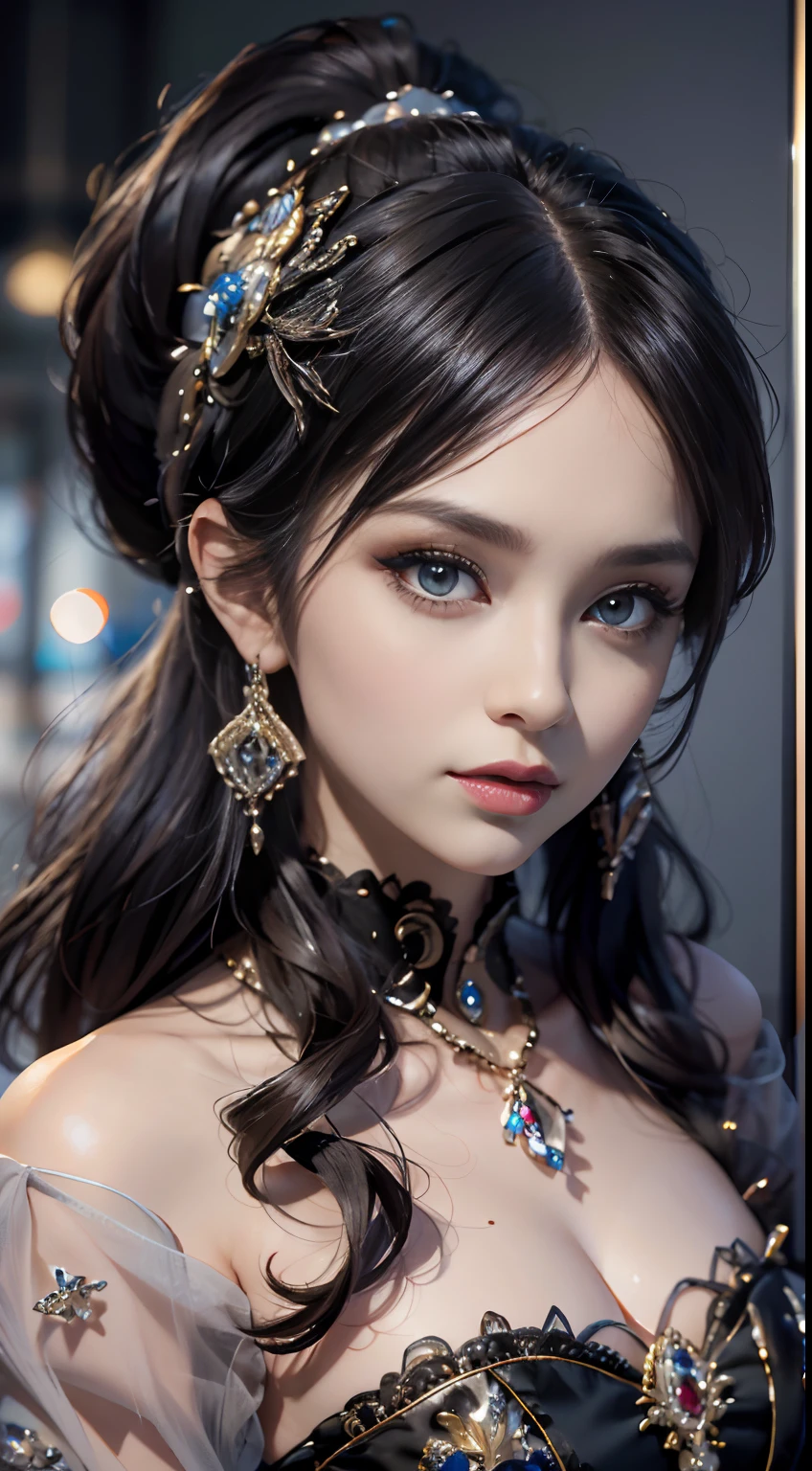 A close-up portrait of a girl with a regal steampunk aesthetic. She has dark hair styled in elegant curls, with a pair of goggles resting on her head adorned with brass gears and intricate designs. Her hands are raised, forming a heart shape, and are adorned with lace gloves, brass rings, and a bracelet made of intertwined gears. The nails are painted a deep bronze with metallic accents. The lighting is warm with a golden glow, highlighting the steampunk elements and creating a rich, vintage atmosphere