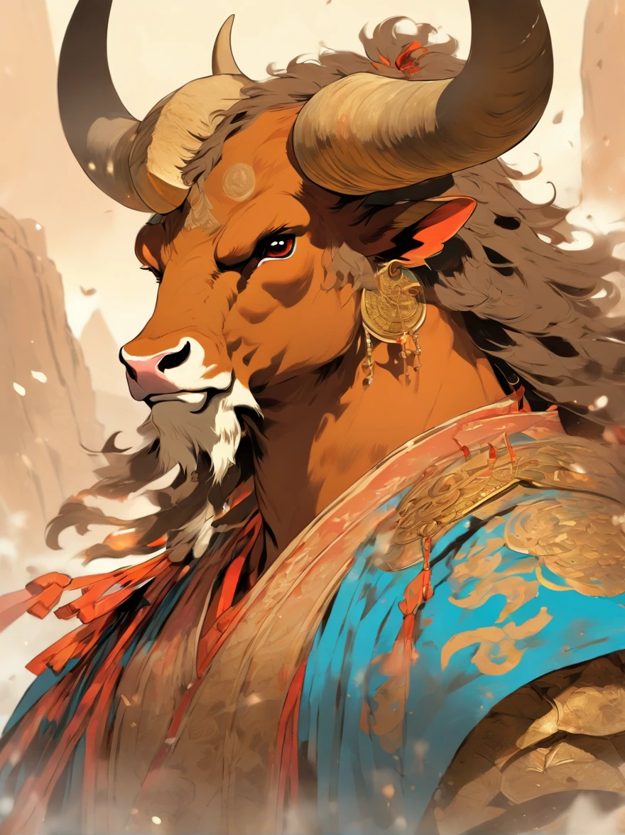 Minotaur in Greek mythology,Wearing Chinese armor,He wears a blue robe over his armor,Inspired by the Classic of Mountains and Seas,cow head,cow horn,armor,Long-handled weapon,longspear,moon bull samurai, Anthropomorphic samurai cow,Traditional Chinese concept art,black bull samurai,asura from chinese myth