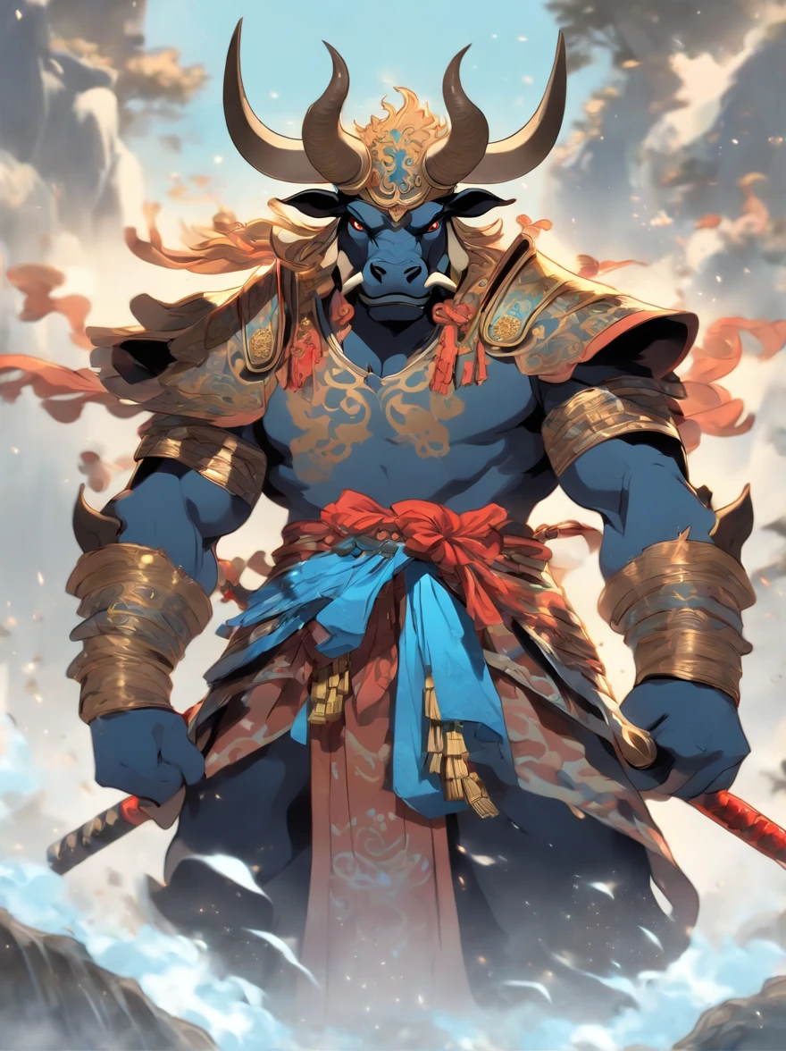 Minotaur in Greek mythology，Wearing Chinese armor，He wears a blue robe over his armor，Inspired by the Classic of Mountains and Seas，cow head，cow horn，armor，Long-handled weapon，longspear，moon bull samurai, Anthropomorphic samurai cow，Traditional Chinese concept art，black bull samurai，asura from chinese myth