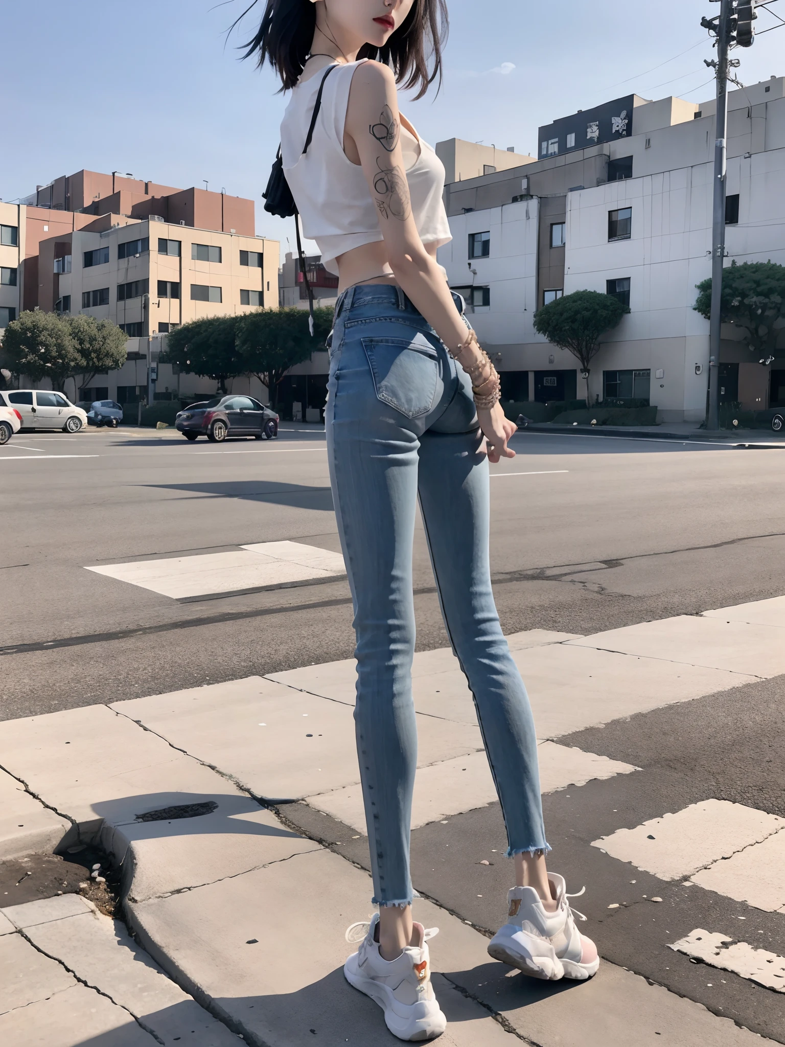 best qualtiy,Have on the street,one-girl,Fashion model,Back shadow,Slender and slender figure,Skinny,As thin as a whipping post,Smaller bust,bangle,with tattoos。athletic sneakers,denim pant,The legs are dirty,Girls excrete feces in their pants,Brown viscous substance,Perverted,nausea,artist wearing dirty,Wear dirty pants,excrement, vomit,polution,Dirty legs,Dirt stains cov