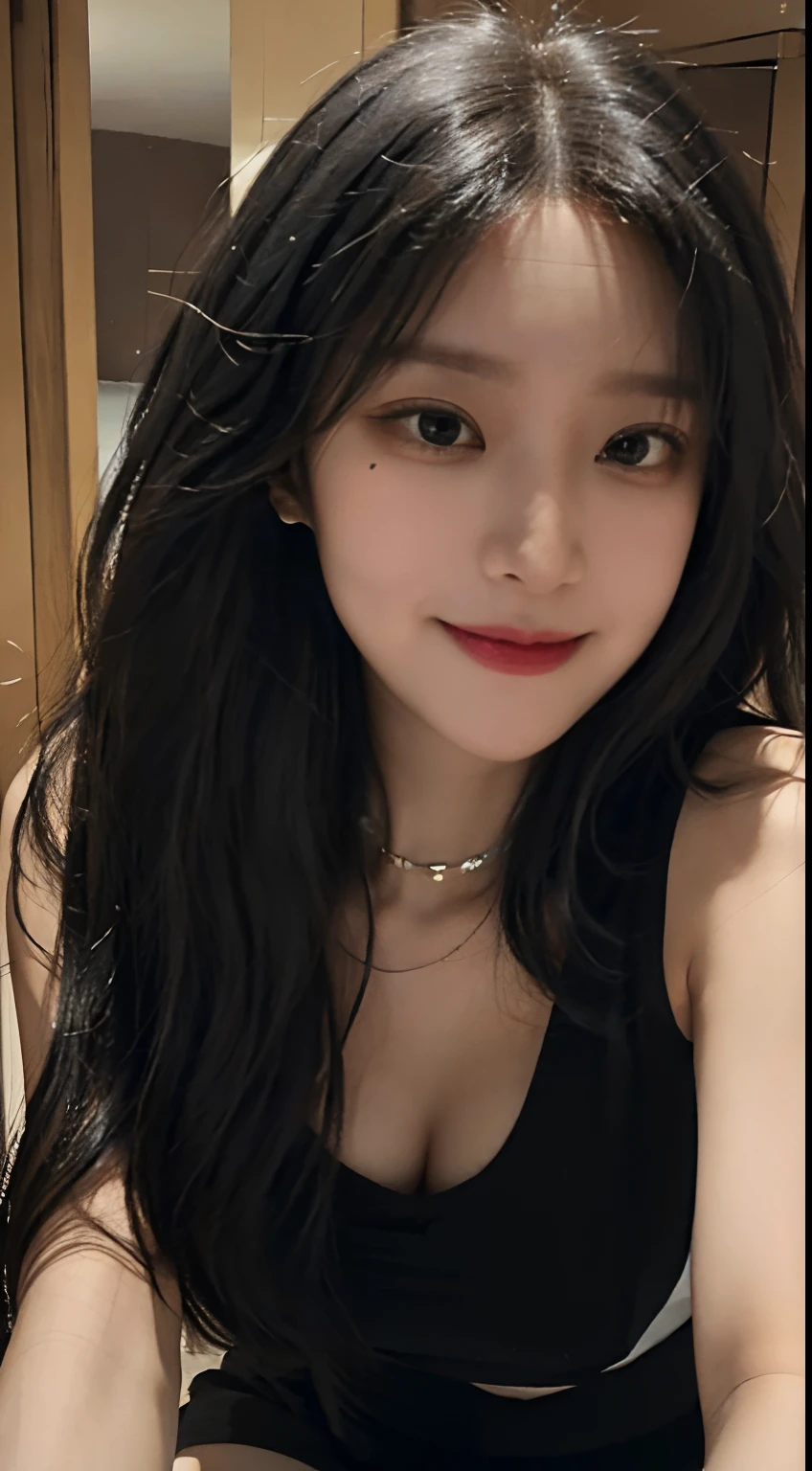 (Realistic, high resolution:1.3), (closeup of face), 1 girl with perfect figure, Super fine face and eyes, Black hair, Long hair, vests: 1.2 random colors, Short skirt, Inside the house, Big breasts, , choker necklace, Smile