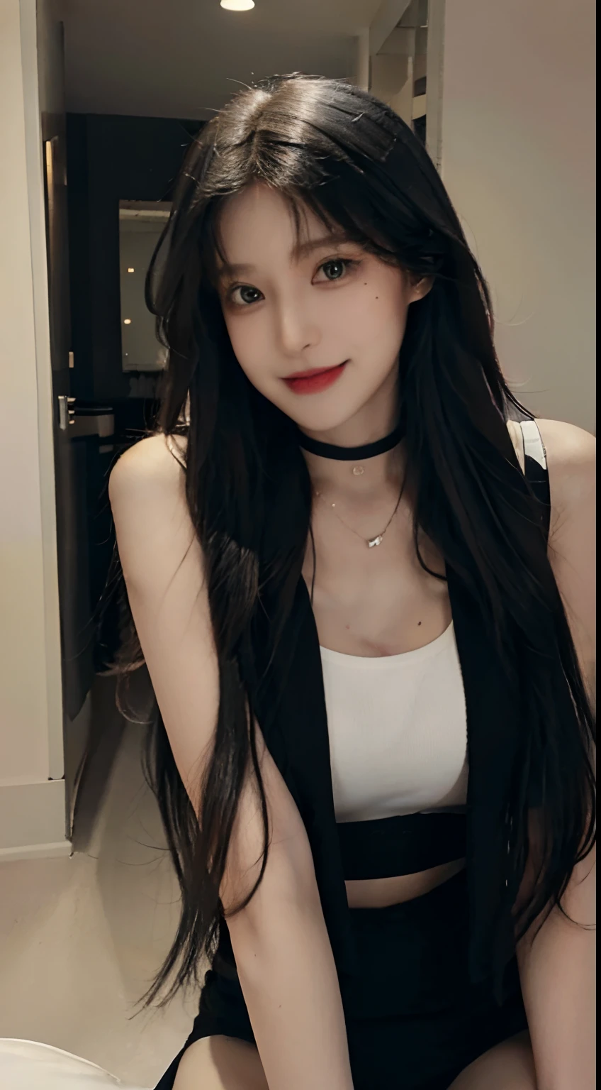 (Realistic, high resolution:1.3), (closeup of face), 1 girl with perfect figure, Super fine face and eyes, Black hair, Long hair, vests: 1.2 random colors, Short skirt, Inside the house, Big breasts, , choker necklace, Smile