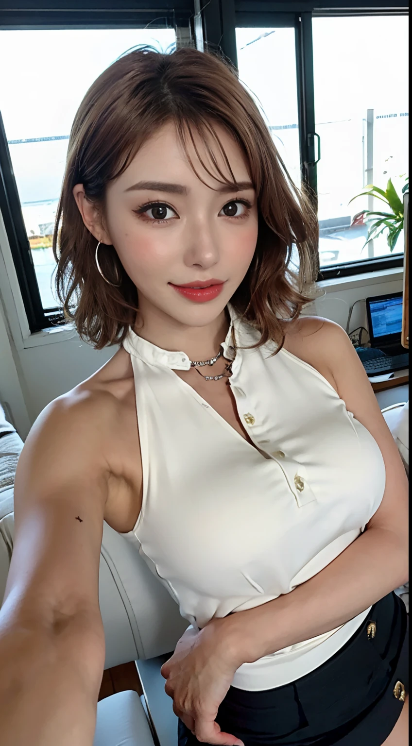 ((top-quality、8K、masterpies:1.3、Being in the company、houseplant、personal computers、Brown Shorthair、((Colossal tits))、accessorized、piercings、a necklace、Glasses with thin silver rimmed、((Button shirt with collar))、neck tie、pencil skirts、From the knee up))、1girl in、Slim Beauty:1.3、Super Detail Face、Delicat eyes、二重まぶた、facial expression of smile、full body Esbian、Suntan-Skin、20yr old、bobhair、short-cut、erotick、Sensual look、stare