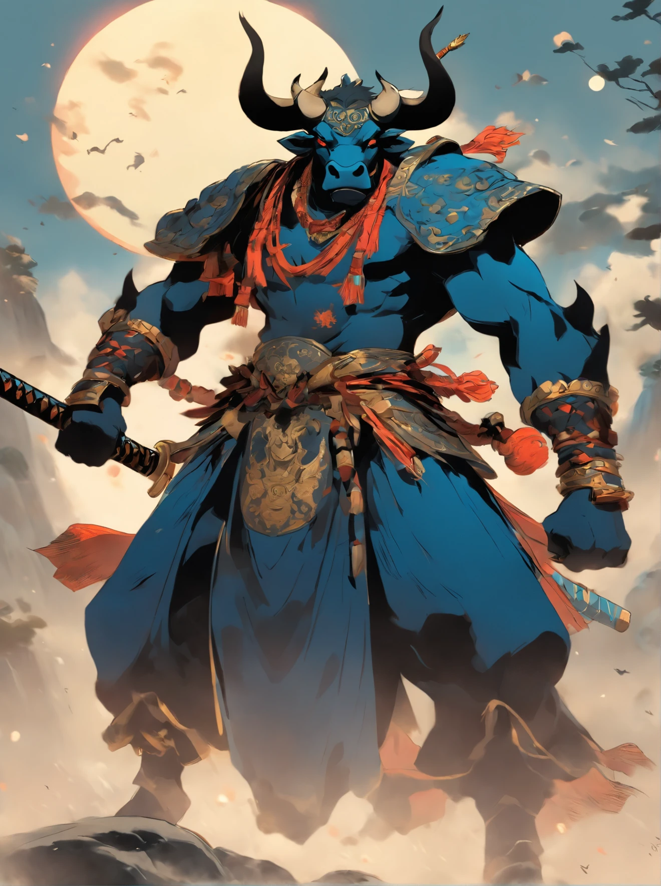 Minotaur in Greek mythology，Wearing Chinese armor，He wears a blue robe over his armor，Inspired by the Classic of Mountains and Seas，cow head，cow horn，armor，Long-handled weapon，longspear，moon bull samurai, Anthropomorphic samurai cow，Traditional Chinese concept art，black bull samurai，asura from chinese myth