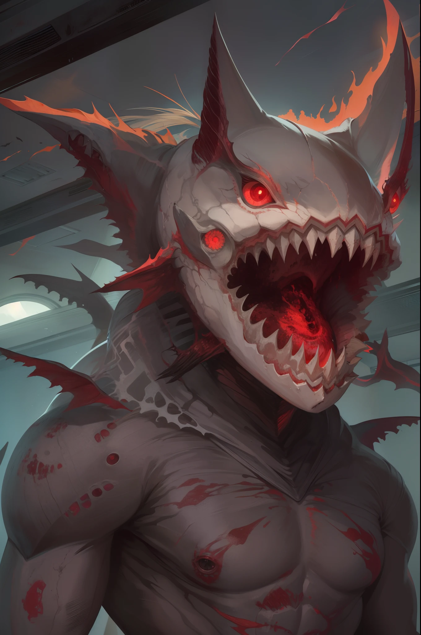 A creature taken from a 's nightmare. male body, Shark teeth, Multiple sticky external limbs, A bright halo on the head, red eyes. You are in a school classroom,With a threatening attitude.