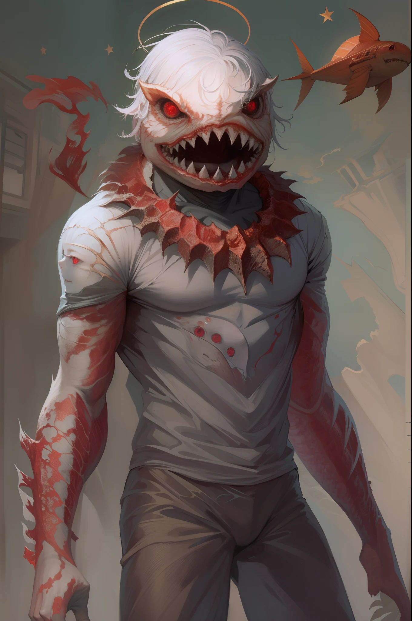 A creature taken from a child's nightmare. male body, Shark teeth, Multiple sticky external limbs, A bright halo on the head, red eyes. You are in a school classroom，With a threatening attitude.