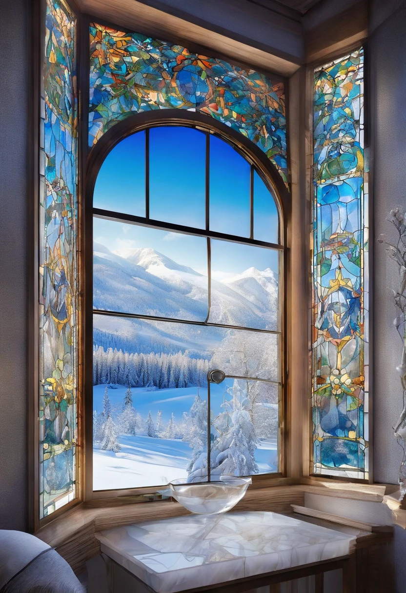 masutepiece、top-quality、ultra-realistic realism、Photorealsitic、ultra - detailed、(((Against the background of an azure sky，Trees on snowy mountains in winter々The beauty of delicate ice crystals and snow，All over the place))):1,9、((Thick fog drifts through the snow-capped mountain forest)):1.5