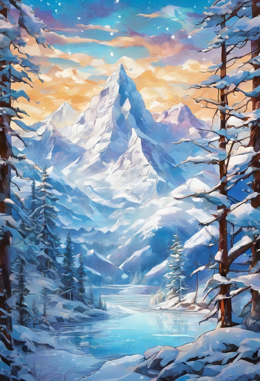 masutepiece、top-quality、ultra-realistic realism、Photorealsitic、ultra - detailed、(((Against the background of an azure sky,Trees on snowy mountains in winter々The beauty of delicate ice crystals and snow,All over the place))):1,9、((Thick fog drifts through the snow-capped mountain forest)):1.5