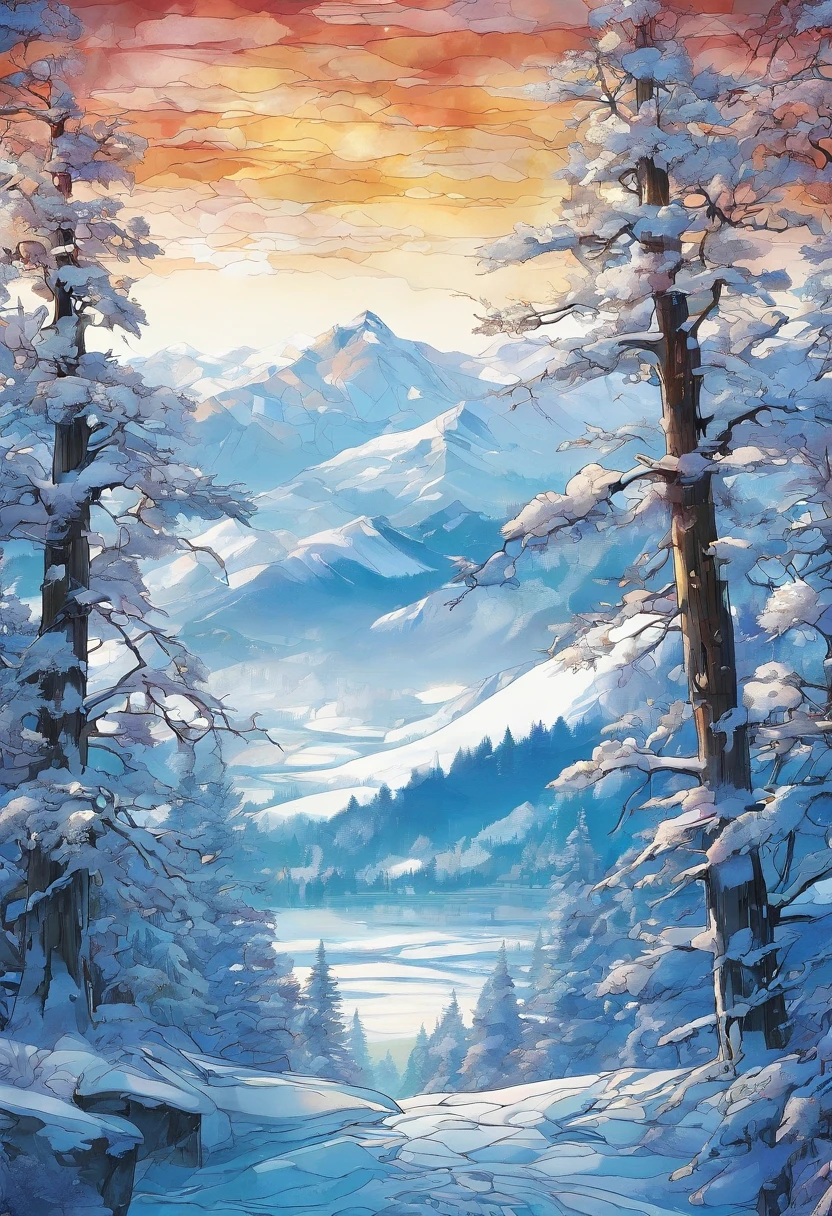 masutepiece、top-quality、ultra-realistic realism、Photorealsitic、ultra - detailed、(((Against the background of an azure sky,Trees on snowy mountains in winter々The beauty of delicate ice crystals and snow,All over the place))):1,9、((Thick fog drifts through the snow-capped mountain forest)):1.5