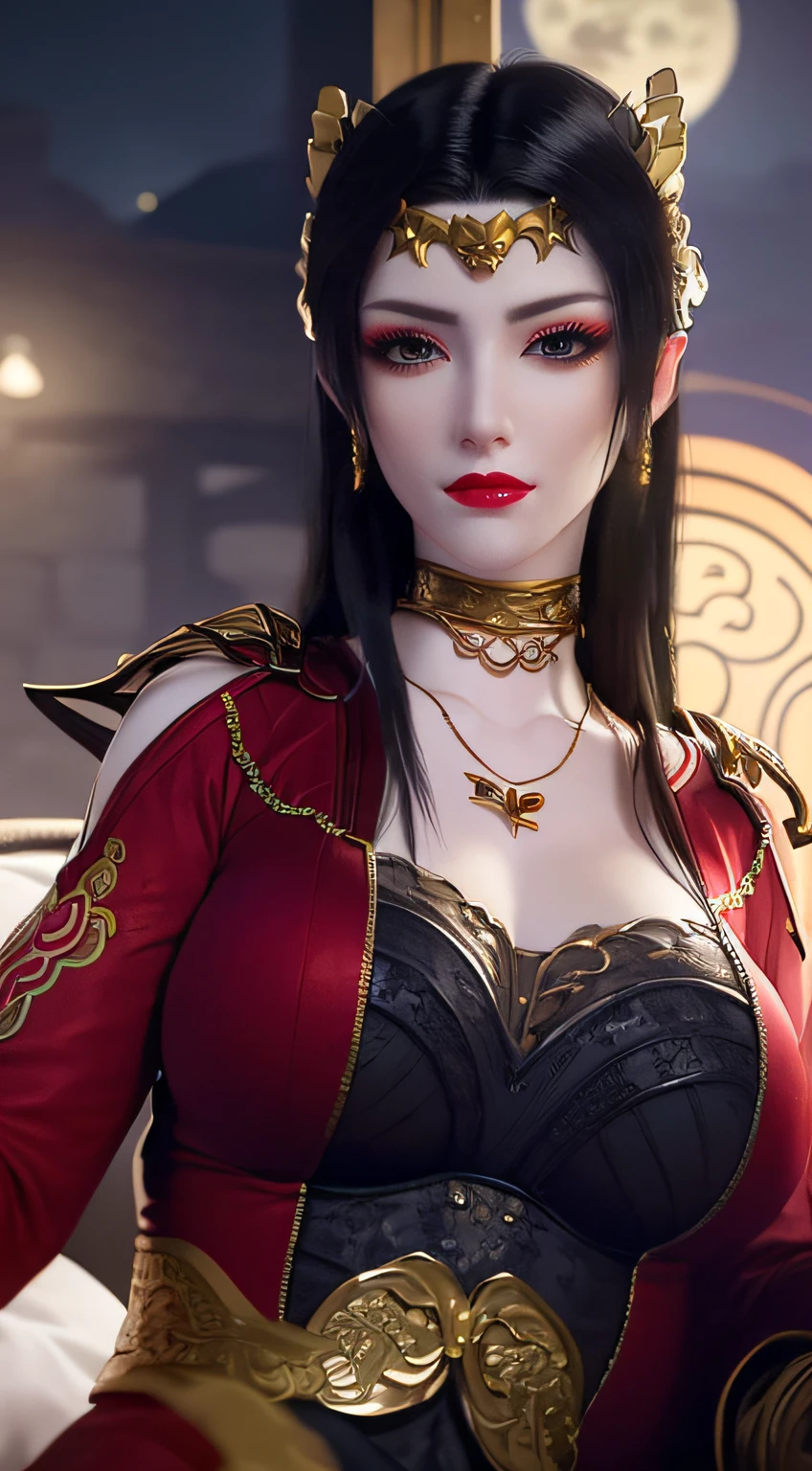 1 Extremely beautiful queen, ((Wear a traditional Hanfu in red，With a thin black pattern:1.6)), (((patterns on clothes:1.6))), ((Long black hair:1.6)), Jewelry crafted from gemstones and beautiful hair, ((Wear a 24K gold lace necklace:1.4))), Noble, The noble style of extremely beautiful girls, Her little face is super cute, Her face is beautiful, Thin eyebrows, flawless and beautiful face, ((black eye pupil: 0.8)), verybeautifuleyes, ((Platinum blue eyes: 1.6)), (((opens his eyes wide:1.6))), Beautiful makeup and hair detailed eyelashes, Hot eye makeup, High nose, Earrings, Red lips, ((Closed mouth: 1.5)) Beautiful lips, Slim hands, The most beautiful thighs, ((Spread your arms to the sides: 1.5)), Rosy face, Clean face, flawless and beautiful face, Smooth white skin, (Big breasts: 1.5)), ((high breasts: 1.6)), Big taut breasts, The beautiful, (((and super rounded: 1.8))), ((Ultra-tight breasts: 1.7)) , Beautiful breasts, Perfect body, back arms, Chest out, Black thin mesh stockings，Black lace trim, 8k photograph, Super high quality, Super realistic, More than 10x pixels, lightwave, Bright Studio, Bright edges, twotonelighting, (High-detail skin:1.2), Super 8K, Soft lighting, High quality, voluminetric lighting, Photorealistic, Realistic high resolution, lighting, best photos, 4K, 8K quality, blurry effect, Smooth and sharp, 10 x pixels, ((Sea and moonlight in night background:1.5)), aurora, Lightning, Super realistic graphics, The most realistic graphics, 1 girl, Alone, Solo, Extremely sharp images, Surreal, (((Frontal portrait: 1)))."