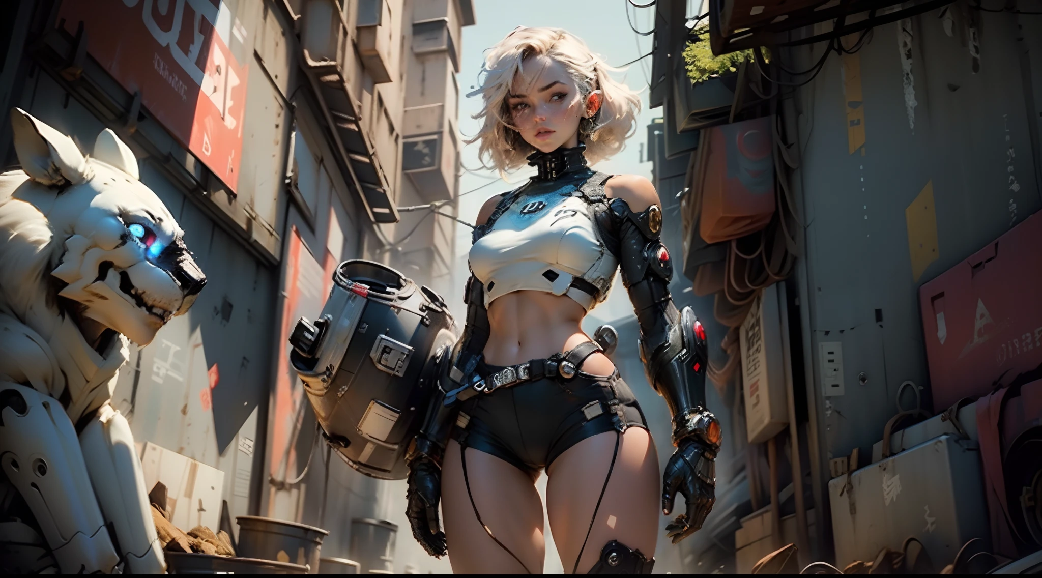 Woman body defined thick thighs cybernetic body parts, short underwear