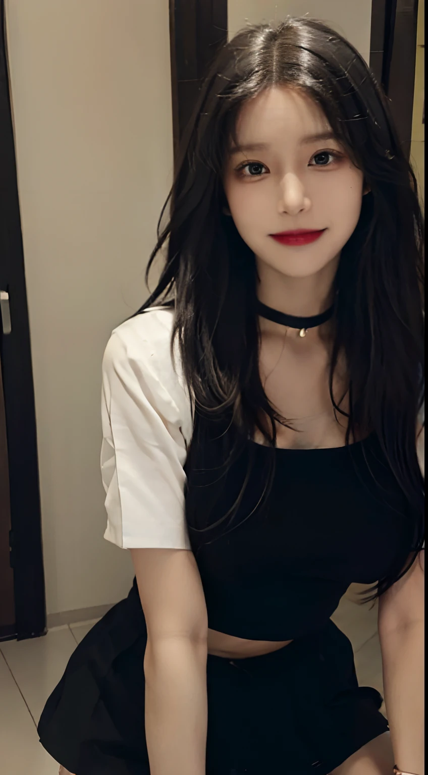 (Realistic, high resolution:1.3), (closeup of face), 1 girl with perfect figure, Super fine face and eyes, Black hair, Long hair, vests: 1.2 random colors, Short skirt, Inside the house, Big breasts, , choker necklace, Smile