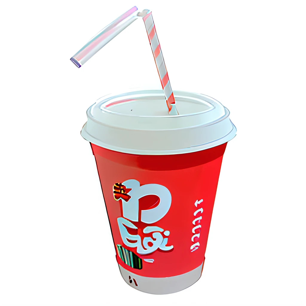 There is a red cup, cartoon paper coffee cup, with a straw, paper cup, painting of an undercover cup, cold drink, Highly detailed illustration, Limsa, straw, drink boba tea, highlydetailedillustrations, high detail illustration, Higher detailed illustration, Detailed 2D illustration, Highly detailed illustration.”, milkshake, drink