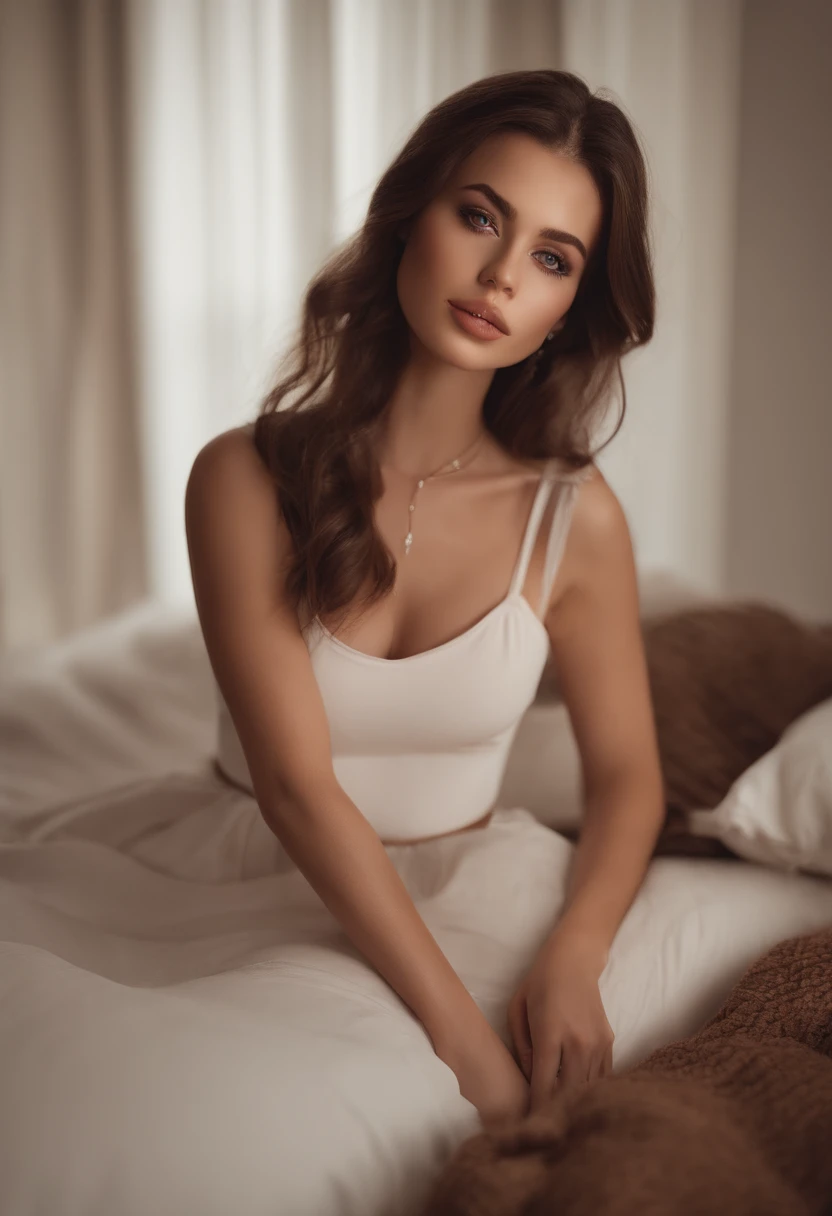 arafed woman fully , sexy girl with brown eyes, ultra realistic, meticulously detailed, portrait sophie mudd, brown hair and large eyes, selfie of a young woman, dubai eyes, violet myers, without makeup, natural makeup, looking directly at the camera, face with artgram, subtle makeup, stunning full body shot kneeling on bed, in bedroom, medium to large size bust