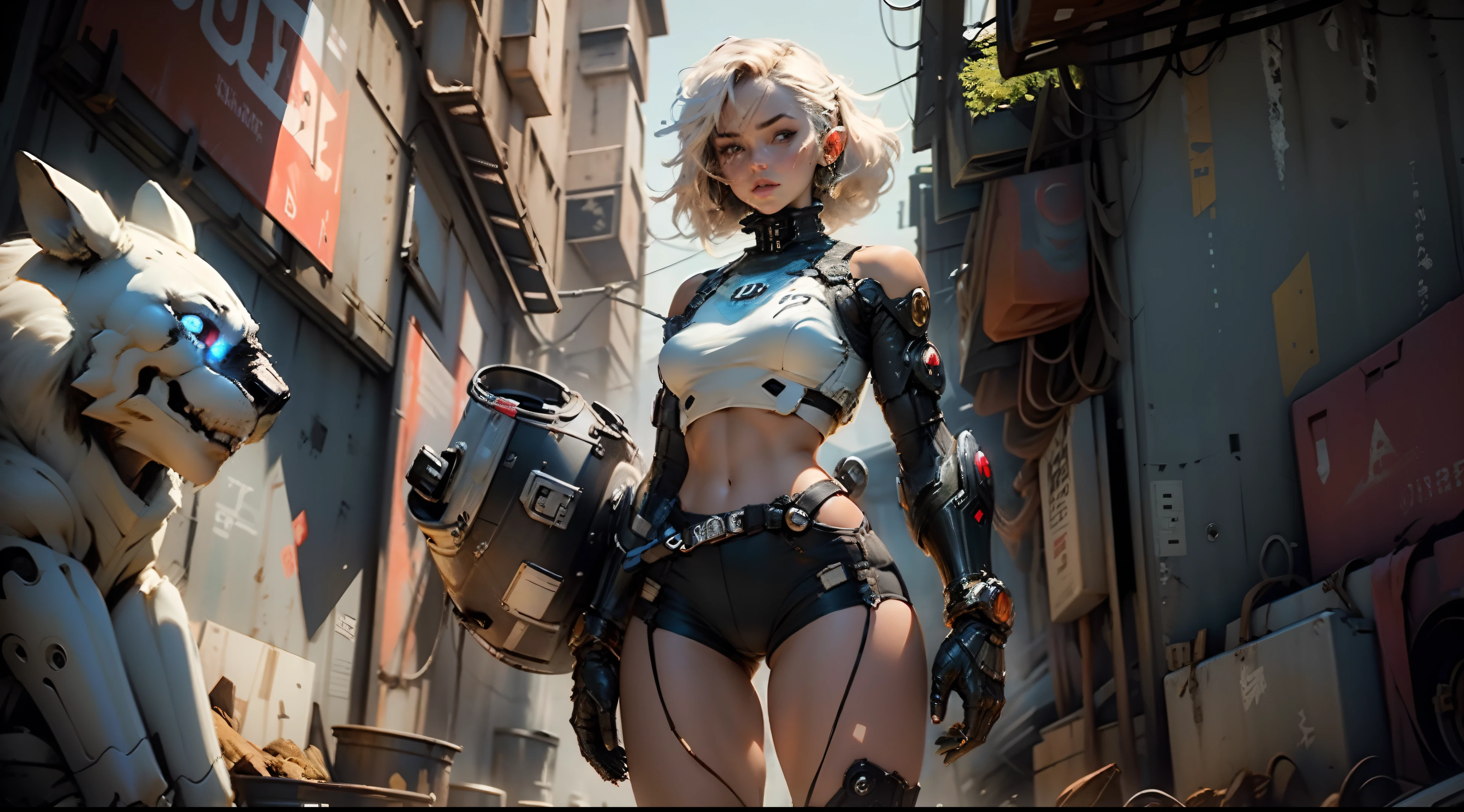Woman body defined thick thighs cybernetic body parts, short underwear