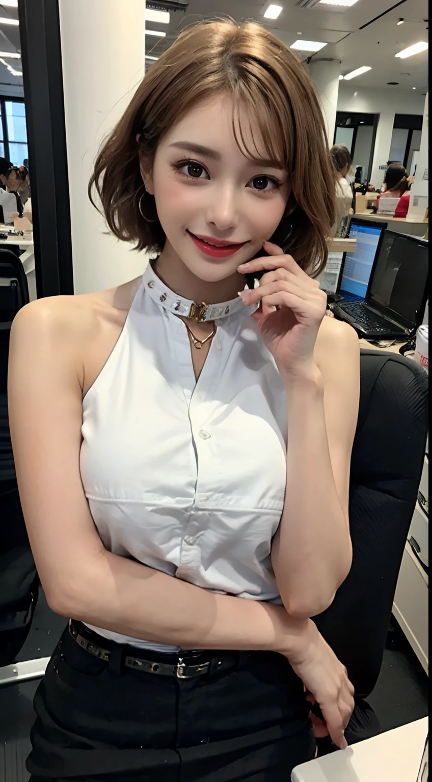 ((top-quality、8K、masterpies:1.3、Being in the company、houseplant、personal computers、Brown Shorthair、((Colossal tits))、accessorized、piercings、a necklace、Glasses with light silver trim、((Button shirt with collar))、neck tie、pencil skirts、From the knee up))、1girl in、Slim Beauty:1.3、Super Detail Face、Delicat eyes、二重まぶた、facial expression of smile、full body Esbian、Suntan-Skin、20yr old、bobhair、short-cut、erotick、Sensual look、stare