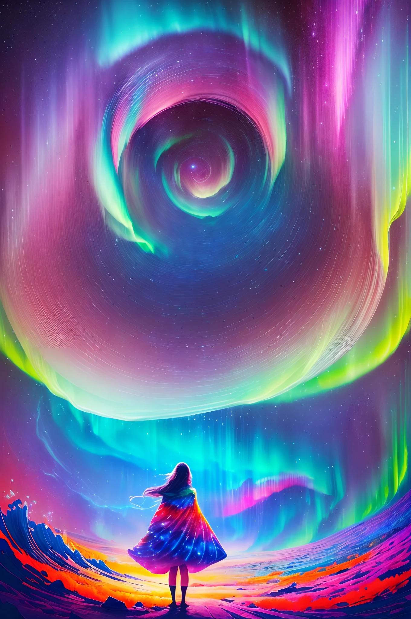 （Girl standing in front of a swirl of colorful Northern Lights: 1.5），((Neon Star， Around the flowers，truth， expecting， Depth-of-fie， insight， Understood， mont， The Milky Way is lush, Translucent clouds， spectrum， in a panoramic view， Interstellar cycles， cycle， portal， Mare， extreme light， The Global Northern Lights，The sky is covered in the beautiful Northern Lights))，Bright colors，Thick lines，wave，Multi-layered，foreground、Faraway view、fractal thunder dan mumford，Dammford and Alex grey style，Psychedelic surrealist art，Surrealist psychedelic design，dream art style，Illusion psychedelic art，Infinite psychedelic waves，Inspired by Cyril Rolando (Cyril Rolando)，Authentic ripple structure，Psychedelic art style，trippy art，psychedelic illustrations