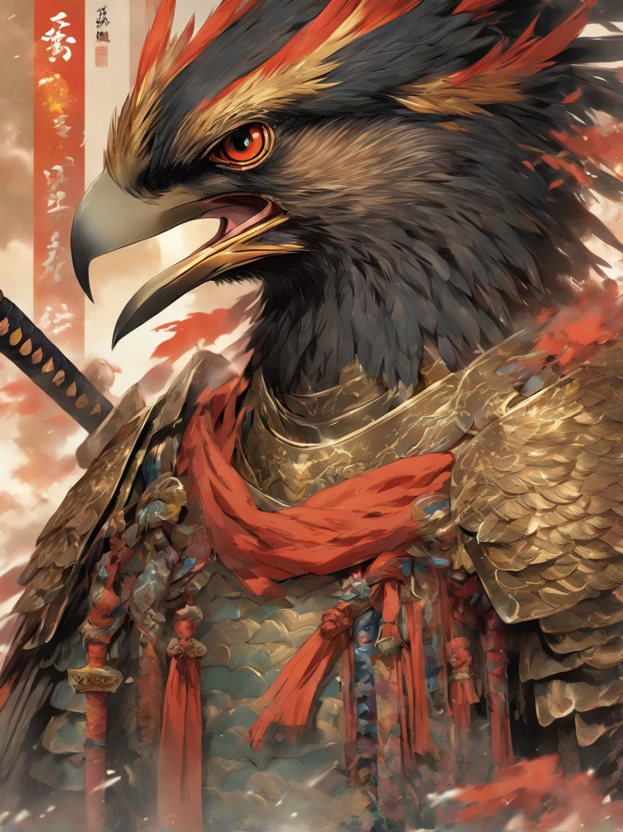 Close-up of a bird holding a sword and a sword, traditional japanese concept art, inspired by Kanō Hōgai, black aarakocra eagle warlord, avian warrior, author:Tan Yang Kano, feudal japan art, anthropomorphic raven knight, Raven in cyber armor, author:Xiu Wen Tianzheng