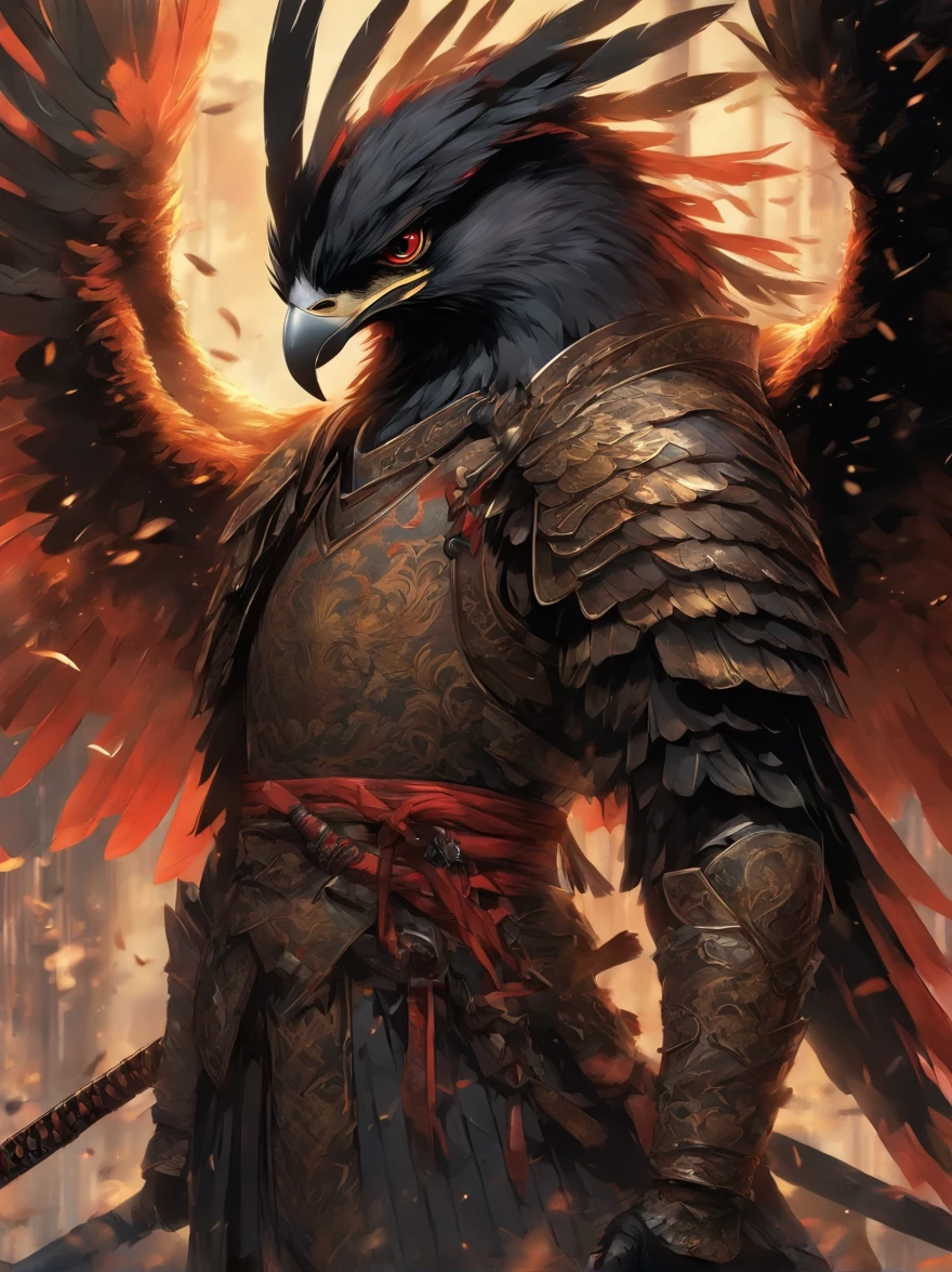 Close-up of a bird holding a sword and a sword, traditional japanese concept art, inspired by Kanō Hōgai, black aarakocra eagle warlord, avian warrior, author:Tan Yang Kano, feudal japan art, anthropomorphic raven knight, Raven in cyber armor, author:Xiu Wen Tianzheng