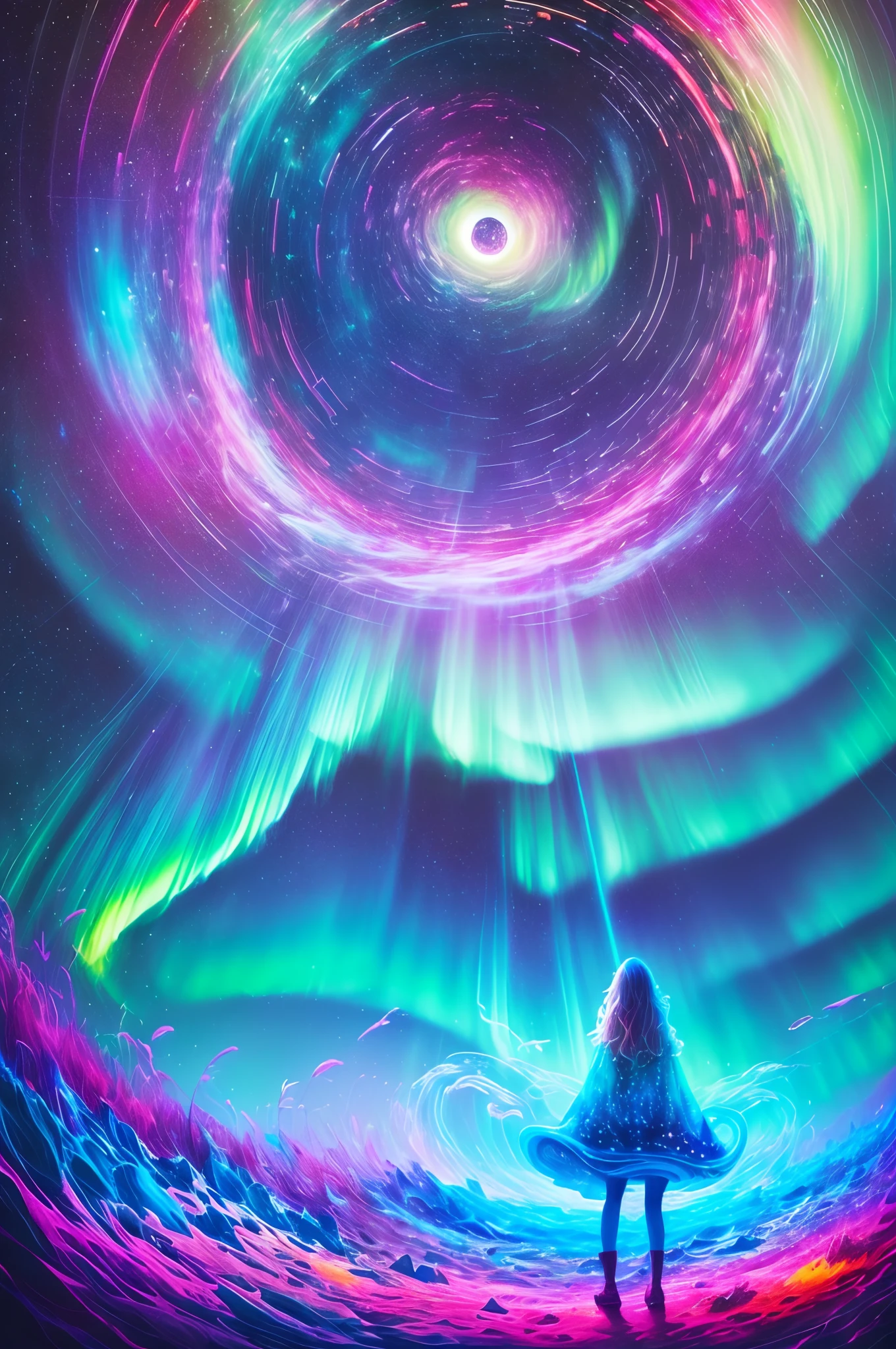 (Girl standing in front of a swirl of colorful Northern Lights: 1.5),((Neon Star, Around the flowers,truth, expecting, Depth-of-fie, insight, Understood, mont, The Milky Way is lush, Translucent clouds, spectrum, in a panoramic view, Interstellar cycles, cycle, portal, Mare, extreme light, The Global Northern Lights,The sky is covered in the beautiful Northern Lights)),Bright colors,Thick lines,wave,Multi-layered,foreground、Faraway view、fractal thunder dan mumford,Dammford and Alex grey style,Psychedelic surrealist art,Surrealist psychedelic design,dream art style,Illusion psychedelic art,Infinite psychedelic waves,Inspired by Cyril Rolando (Cyril Rolando),Authentic ripple structure,Psychedelic art style,trippy art,psychedelic illustrations