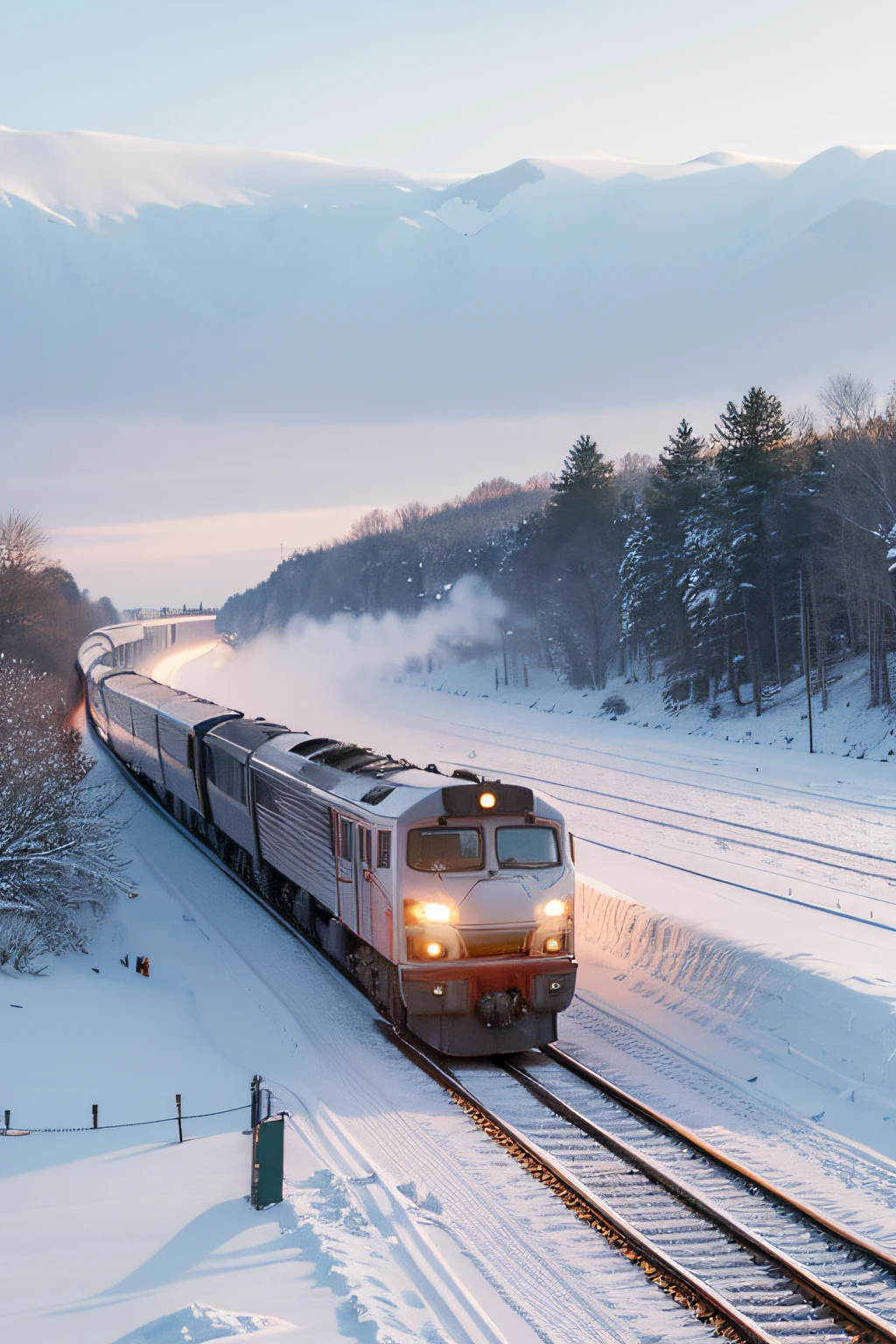 Sunny winter,Early morning on the snow,Snow covered the entire ground,There is a train moving on the tracks,The train was steaming,Next to the train,There was a little girl in a padded jacket,4K,illustration