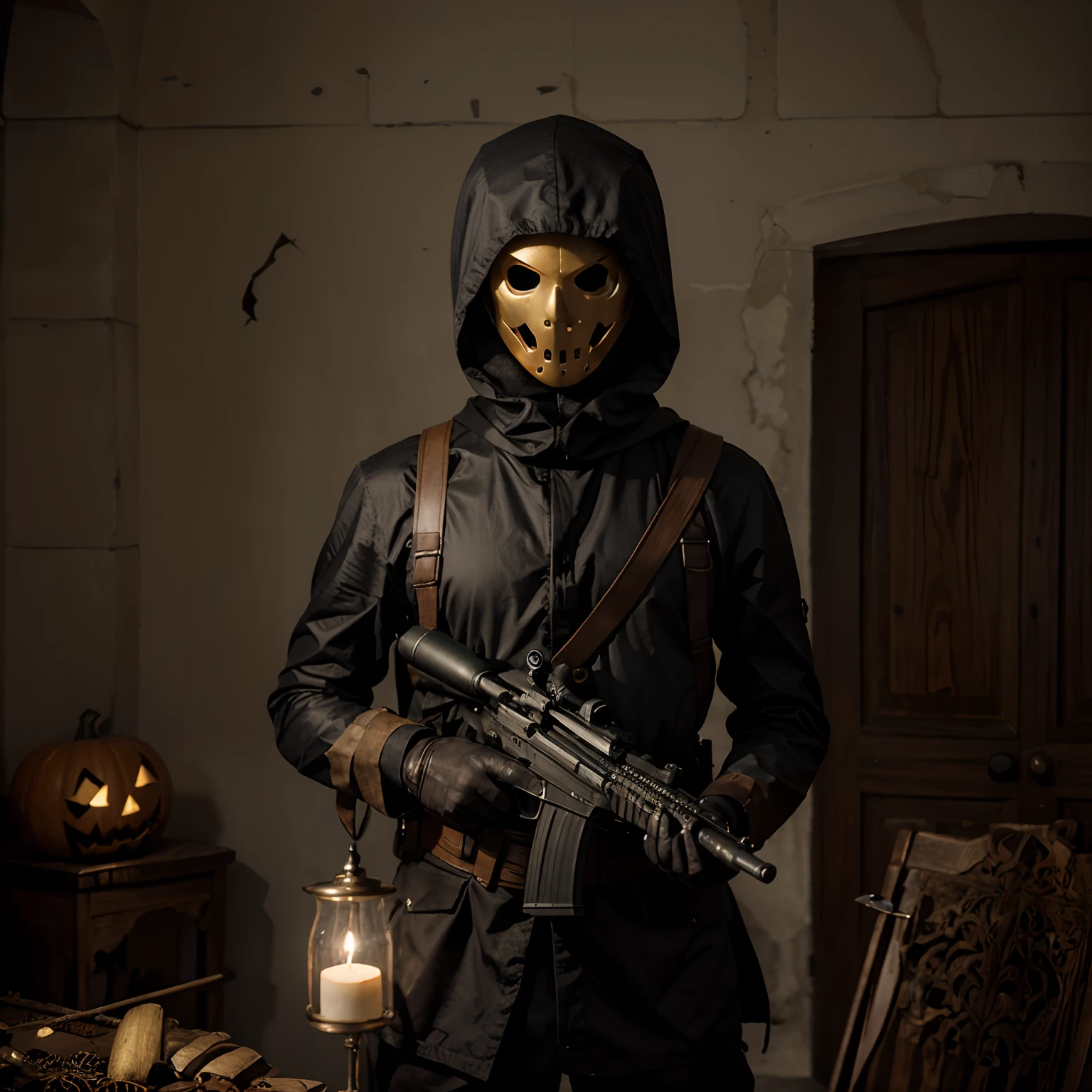 8k, Best quality, Masterpiece, hallowen soldat, arme , fusil FAMAS, Dullahan disguise, Dullahan monstre du folklore irlandais