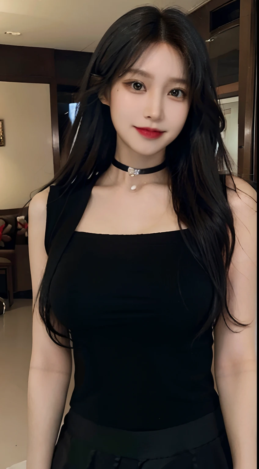 (Realistic, high resolution:1.3), (closeup of face), 1 girl with perfect figure, Super fine face and eyes, Black hair, Long hair, vests: 1.2 random colors, Short skirt, Inside the house, Big breasts, , choker necklace, Smile