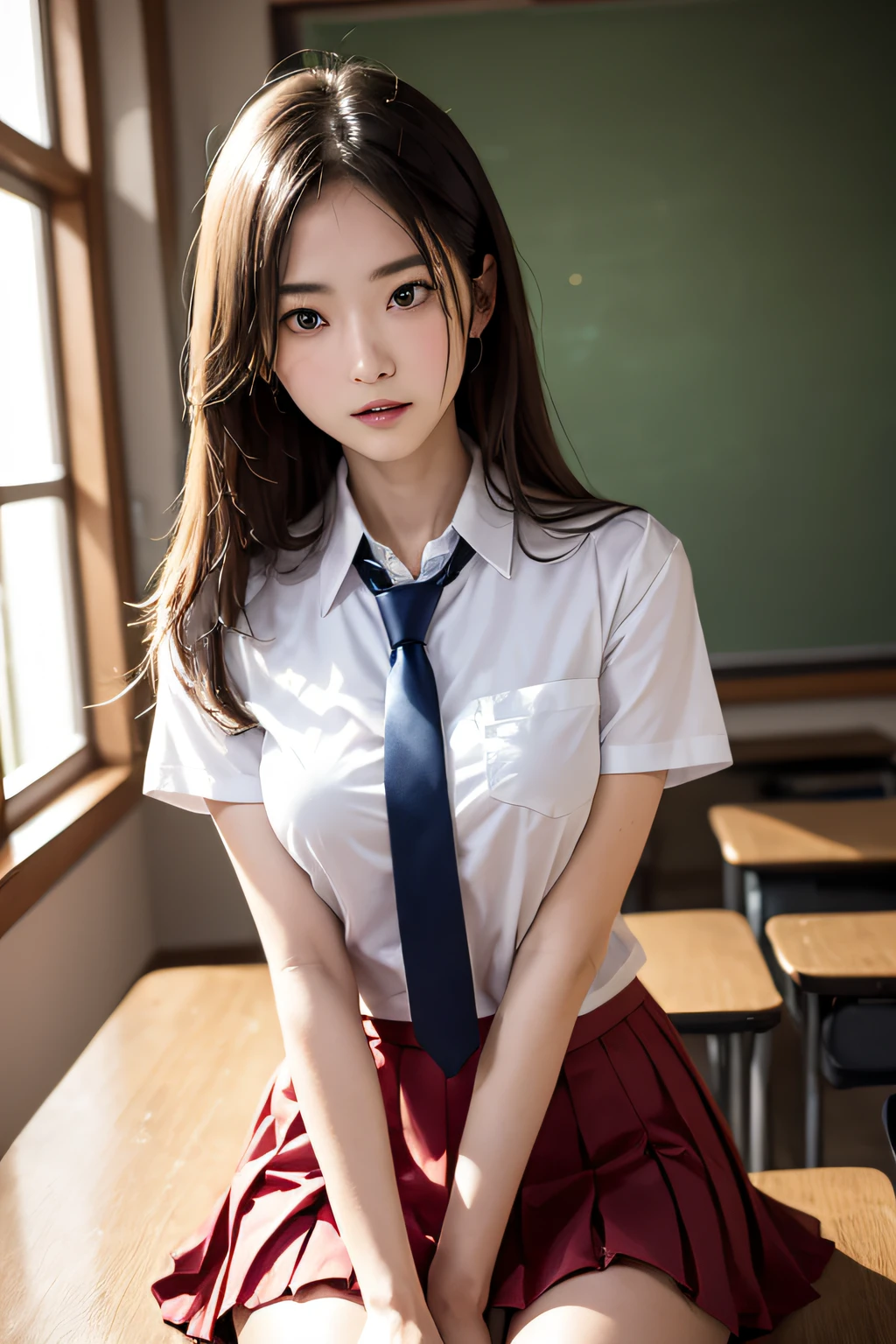 (masutepiece, Best Quality:1.2), 8K, 14years, 85 mm, Official art, Raw photo, absurderes, White dress shirts, Pretty Face, close up, Upper body, violaceaess, gardeniass, Beautiful Girl, School uniform, (Navy pleated skirt:1.1), Cinch West, thighs thighs thighs thighs, Short sleeve, ‎Classroom, Gravure Pose, Looking at Viewer, No makeup,ssmile, Film grain, chromatic abberation, Sharp Focus, face lights, clear lighting, Teen, Detailed face, Bokeh background, (dark red necktie:1.1)、medium breasts⁩、Skinny face