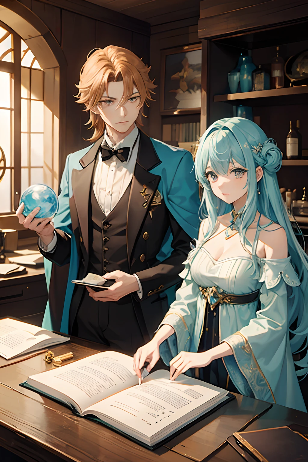 Generate an anime-style scene depicting a married couple of fantasy alchemists in their workshop.... Husband of 28 years, alto y guapo con cabello rubio y ojos dorados brillantes, He has worked with his wife for 25 years, que tiene el pelo largo plateado azul claro y los ojos azules. The workshop is filled with mystical potions, Un orbe magico de cristal  en las manos de la mujer y magia en la mano del hombre