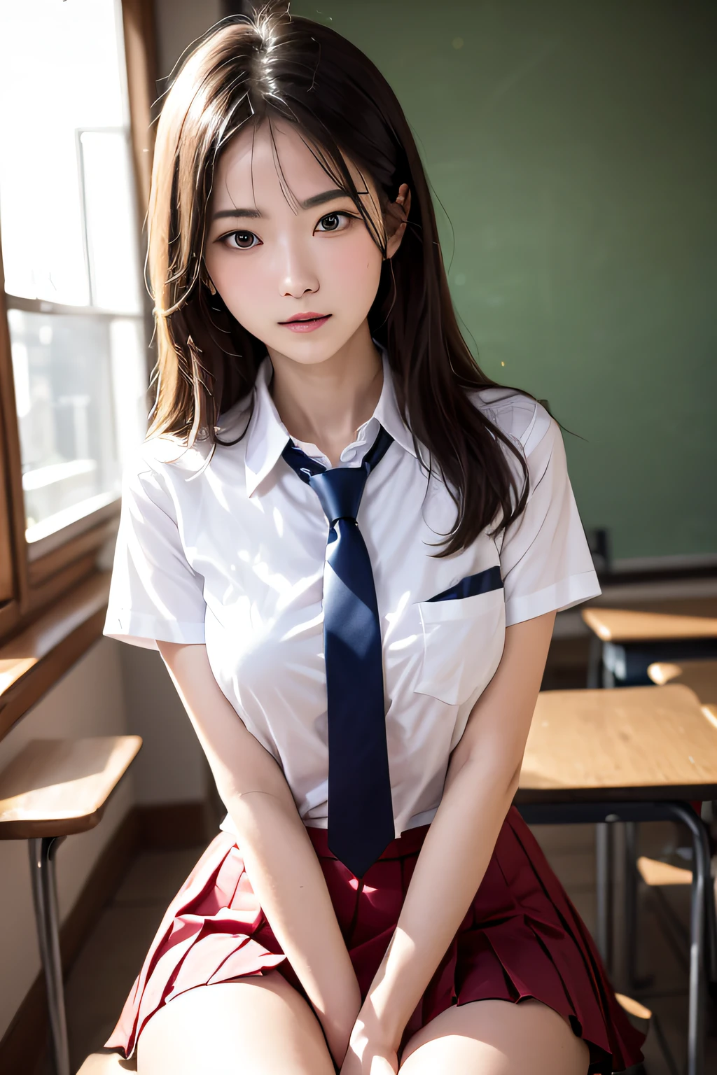 1 young girl, very detailed CG 統合 8k 壁紙, very detailed, High resolution raw color photos, professional photography, realistic portrait, cinematic light, bangs, (High School Uniform, pleated mini skirt:1.3), School, classroom,(highest quality:1.0), (realistic:1.0), (8K, RAW photo:1.1), (8k非常にbecome familiar withなCGユニットの壁紙), (highest quality), (best illustrations), (best shadow), (become familiar with: 1.4), 3D, HDR (high dynamic range), ray tracing, NVIDIA RTX, super resolution, scattered below the surface, PBR texture, Post-processing, anisotropic filtering, Depth of written boundary, maximum sharpness and acutance, multilayer texture, Albedo and highlight mapping, surface shading, Accurate simulation of light-matter interactions, perfect proportions, octane rendering, 超realistic、Photographed with Canon EOS R5、50mm lens、f / 2.8