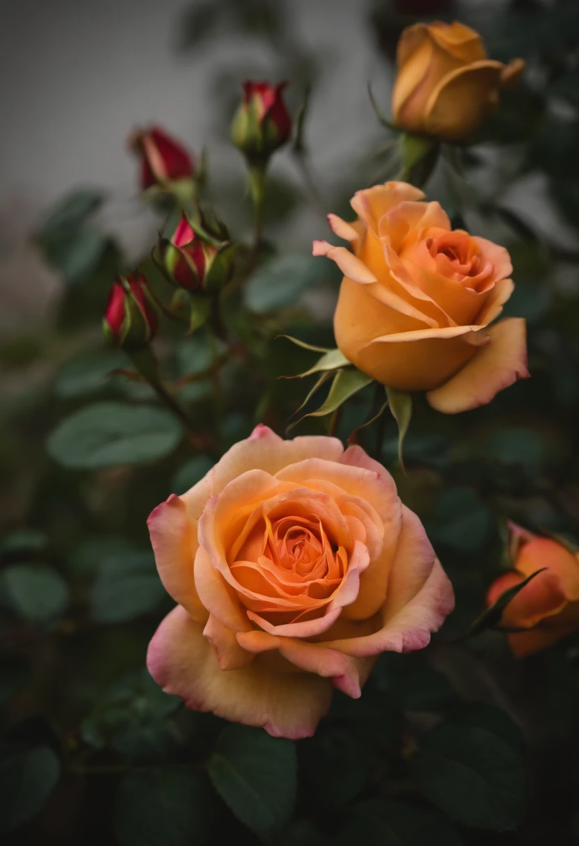 a beautiful blonde laying naked on a bed of roses,legs crossed, photographed from above,shafts of morning sunlight