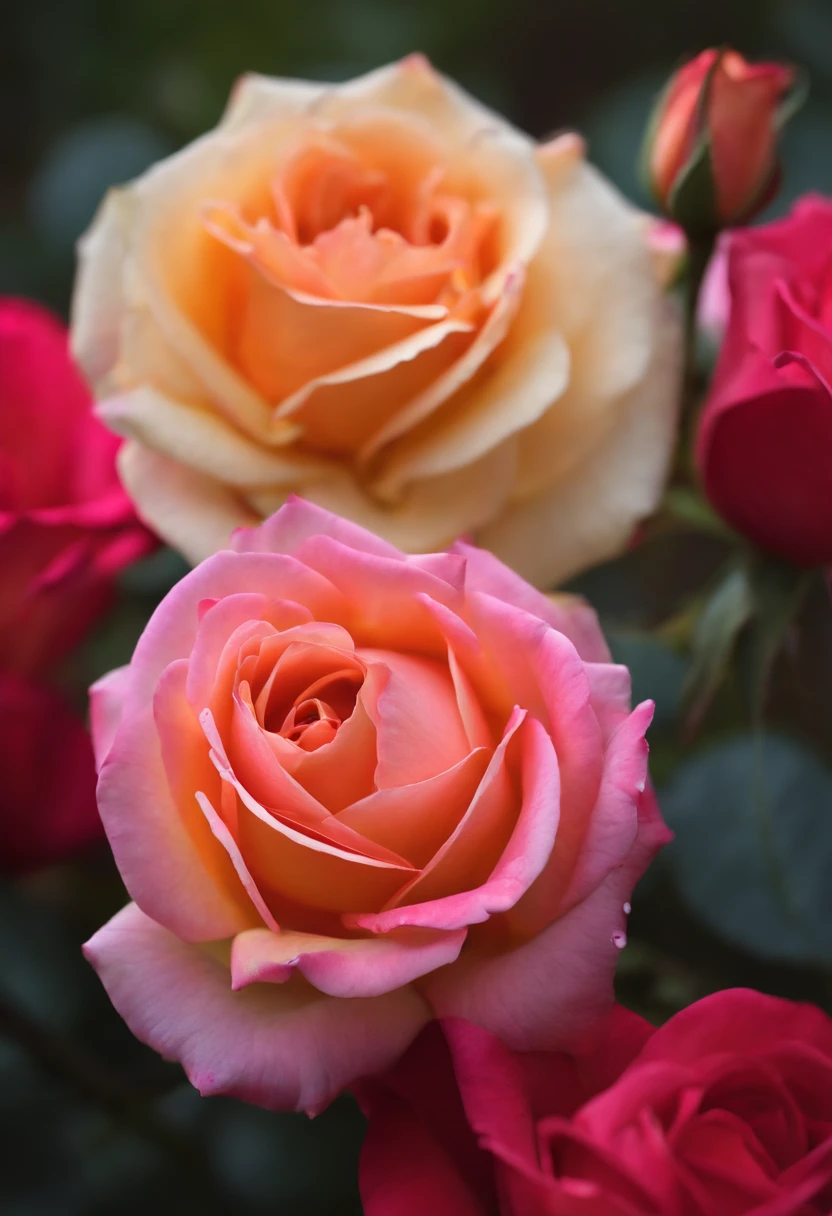 There are roses lit by fire, Sparkling rich colors, In beautiful colors, Dramatic lighting and colors, exploding roses, amazing color photograph, vivd colour, Rose Twinings, ❤🔥🍄🌪, ✏️🎨, roses in cinematic light, photo of a rose, Beautiful details and colors, a magical colorful flower, with a black background