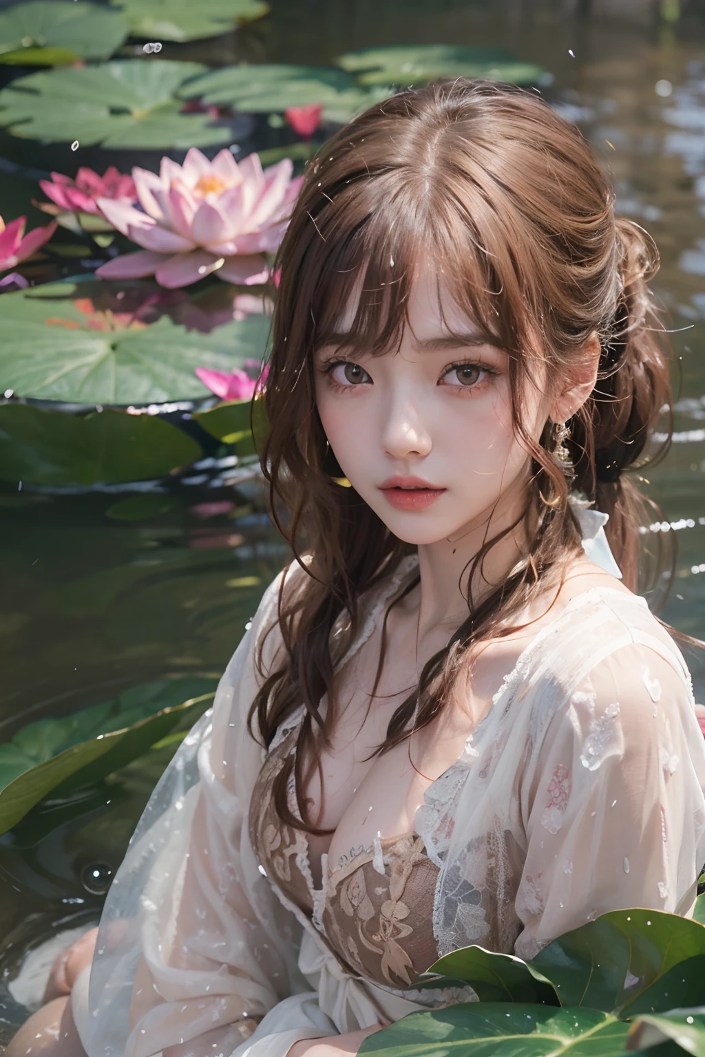 ((high angle shot))、(upper bod)、((1girl in))、(in her 20s)、((Long))、((Pattsun bangs))、((Red-haired ponytail))、Pink makeup、(Red-brown eyes)、(Photoreal Stick:1.2)、in 8K、(High quality shadows)、Detail Beautiful delicate face、Detail Beautiful delicate eyes、Cute K-pop Idol、(Korean Urzan Face)、(ulzzang -6500-v1.1:0.6)、gloweyes、perfectbody、Natural color reproduction、Bright red lipstick、((Brown eyes))、Shiny hair、Description beautiful delicate hair、(Lustrous skin)、cloudy ash sky、电影灯光、robe blanche、Lying on wet ground on the shore of a pond、It's raining heavily.、sodden、Water Lily Flower、