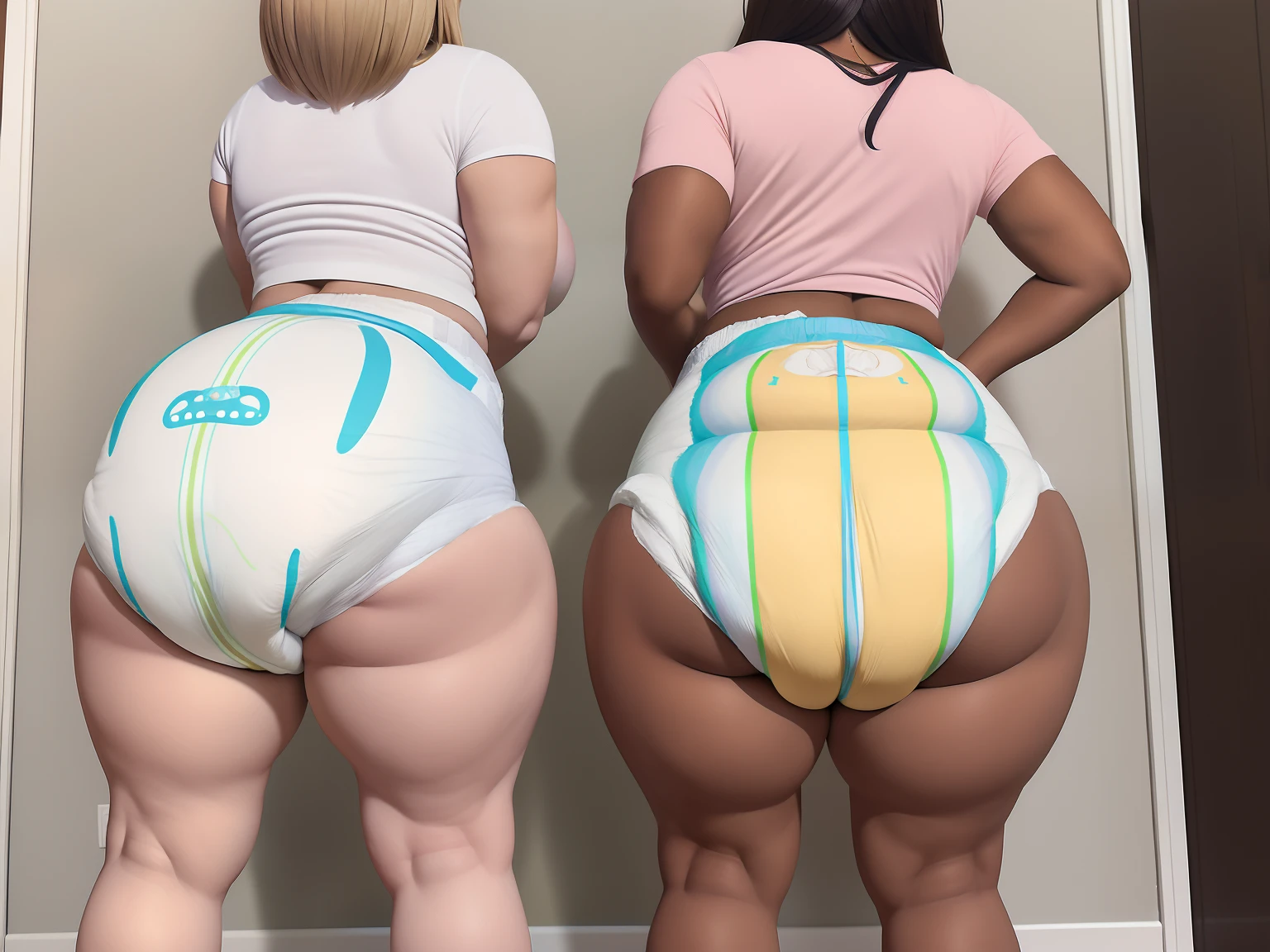 two women, big breasted, big butt, diaper sagging, sagging, crib, beautiful women, ginormous sagging diaper, two brown skinned women, colorful dress, colorful diaper, standing upright. diaper can not fit butt, thick thighs, big breasts, butt too big for diaper, facing towards me, full body,