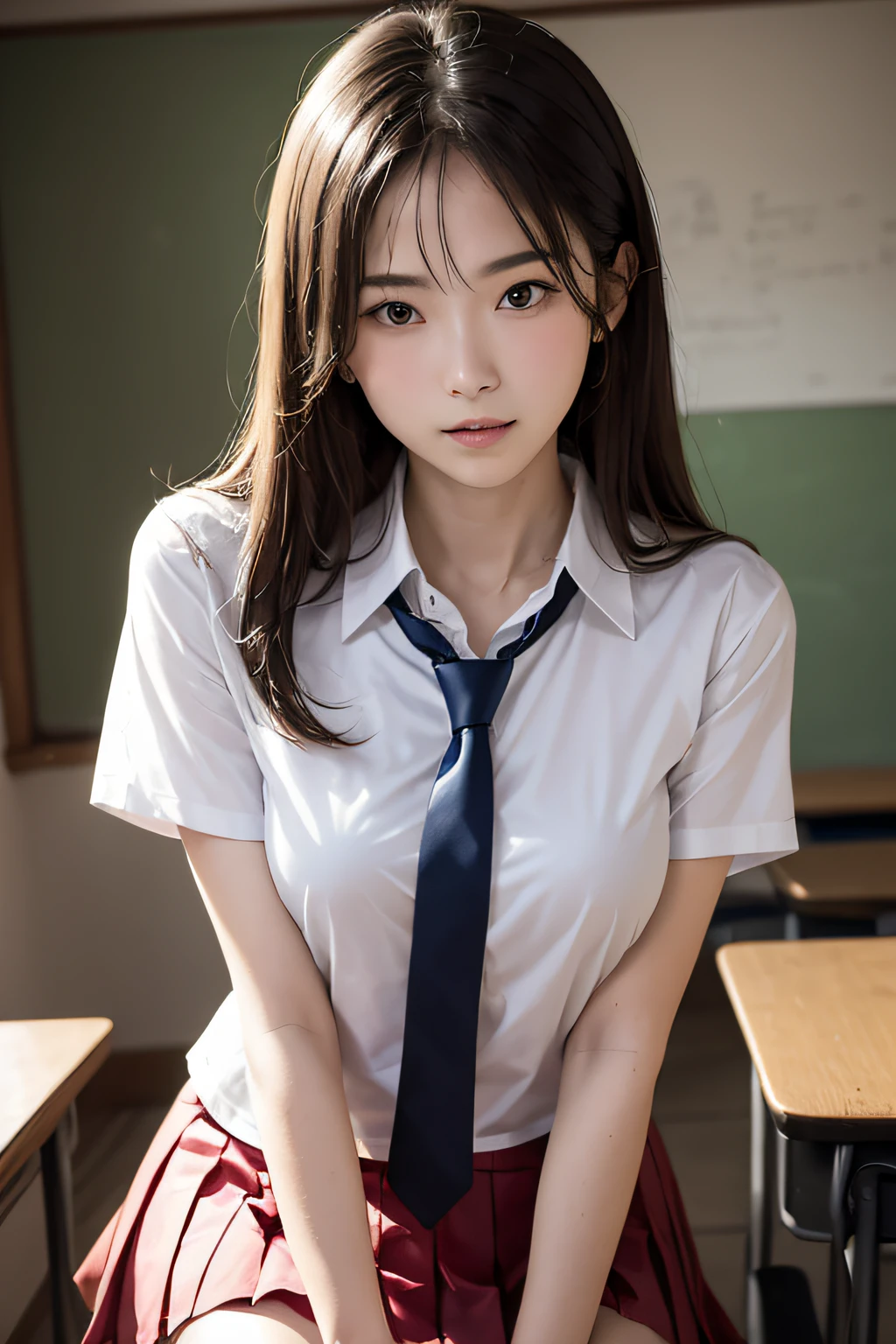 (masutepiece, Best Quality:1.2), 8K, sixteen years old, 85 mm, Official art, Raw photo, absurderes, White dress shirts, Pretty Face,Low position、low  angle shot、close up, Upper body, violaceaess, gardeniass, Beautiful Girl, School uniform, (Navy pleated skirt:1.1), Cinch West, thighs thighs thighs thighs, Short sleeve, ‎Classroom, Gravure Pose, Looking Down at Viewer, No makeup,ssmile, Film grain, chromatic abberation, Sharp Focus, face lights, clear lighting, Teen, Detailed face, Bokeh background, (dark red necktie:1.1)、medium breasts⁩、Skinny face