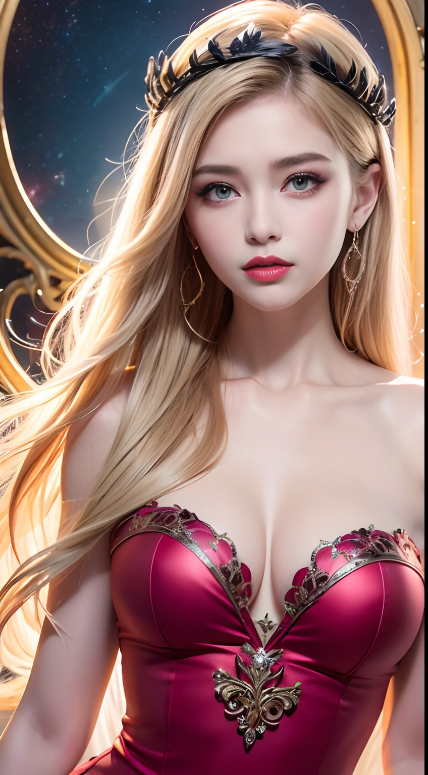 1 20 year old girl, 1 Goddess Athena, Pink and purple silk dress, The beautiful goddess Athena had no blemishes on her face, Delicate yellow dressing gown, Slim dressing gown,Paired with lots of sexy black lace details, Legend of the Saints, Goddess icon, Beautiful goddess style sparkling elegance, Dark and mysterious version, small, Well-proportioned crown, Red lips, No details, Very thin, Thin lips and beautiful lip details, Light magic, (Pure and perfect face: 1.9), Eucharist, Ultra-tight and rounded breasts, Phoenix brooch, Long bangs, (7 Rainbow hair: 1.9), Clear and beautiful face and well-proportioned eyes, (transparent yellow eyes: 1.8), (Big round eyes and detailed makeup, Very beautiful and discreet makeup, Very beautiful blonde, Light makeup, Long blonde hair, Makeup 1.8): drooping arms, realistic and vivid image, (Stars make up the sky: 1.7 ), (Heavenly skies and imaginary portals to time and space: 1.8), Fictional art, RAW photos, hanfu photos, best photos, high resolution, Best quality, best photos, Surreal portrait, Surreal photos of women, 8K quality, The best portraits of female saints, Single ladies jewelry, Color masterpiece beautiful, Upper body, Brand Tyndall effect, Realphotos, Dark Studio, Bezel light, Two-tone lighting, (Rose white skin: 1.4), (High skin detail: 1.1), 8K UHD, Digital SLR, high resolution, Soft light, High quality, High quality H, Smooth and sharp, 10x imaging, Sexy goddess, Sexy goddess: 1.8), (Beautiful eyeshadow background: 1.8), (Spacey's Eye, Background light: 1.8), (Space eyes, Soft background: 1.8), (Space eyes are best, Perfect eyes, Single Girl 1, Virgin and beautiful flowers,