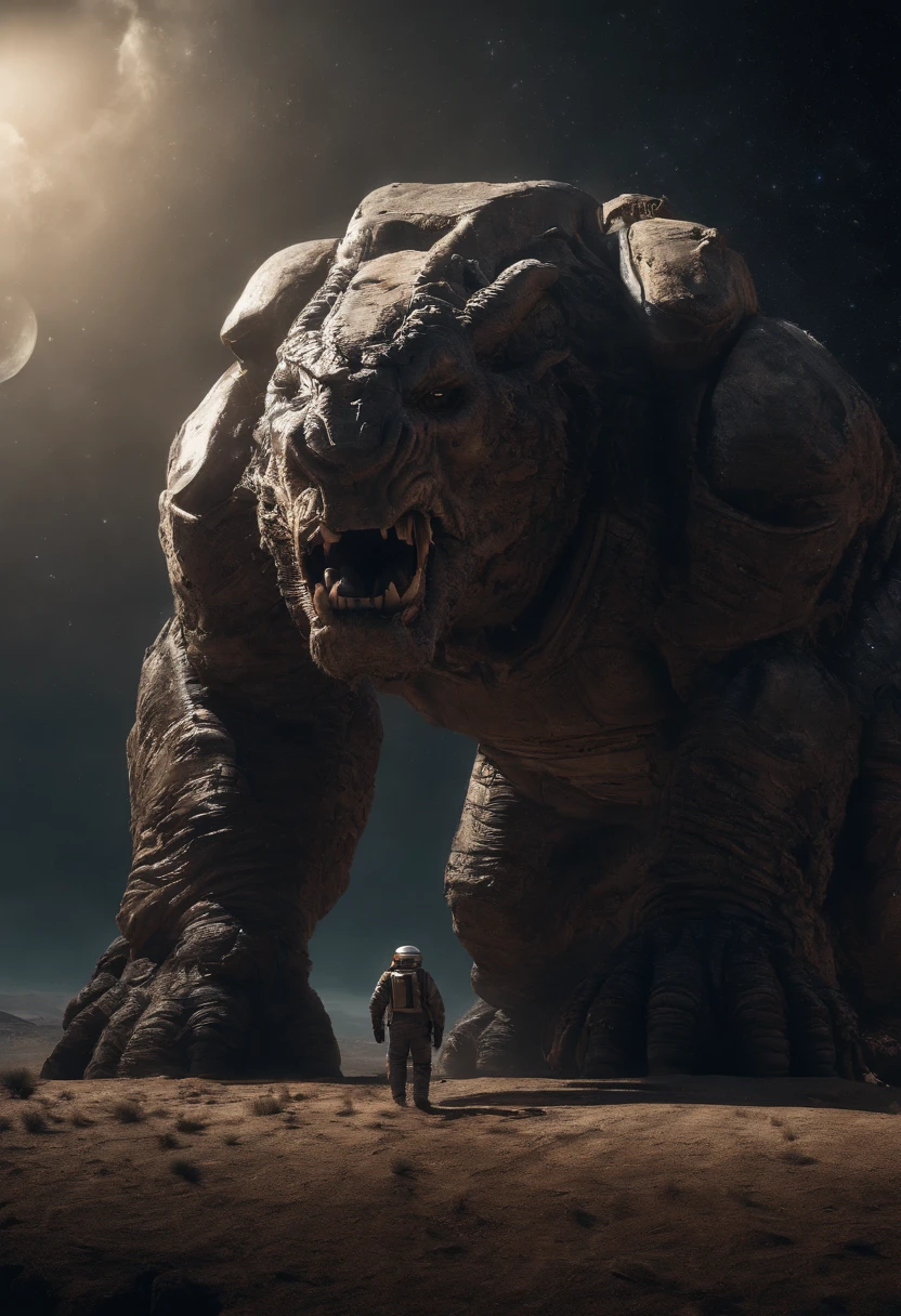 An astronauts back infront of a colossal monster beast in other planet