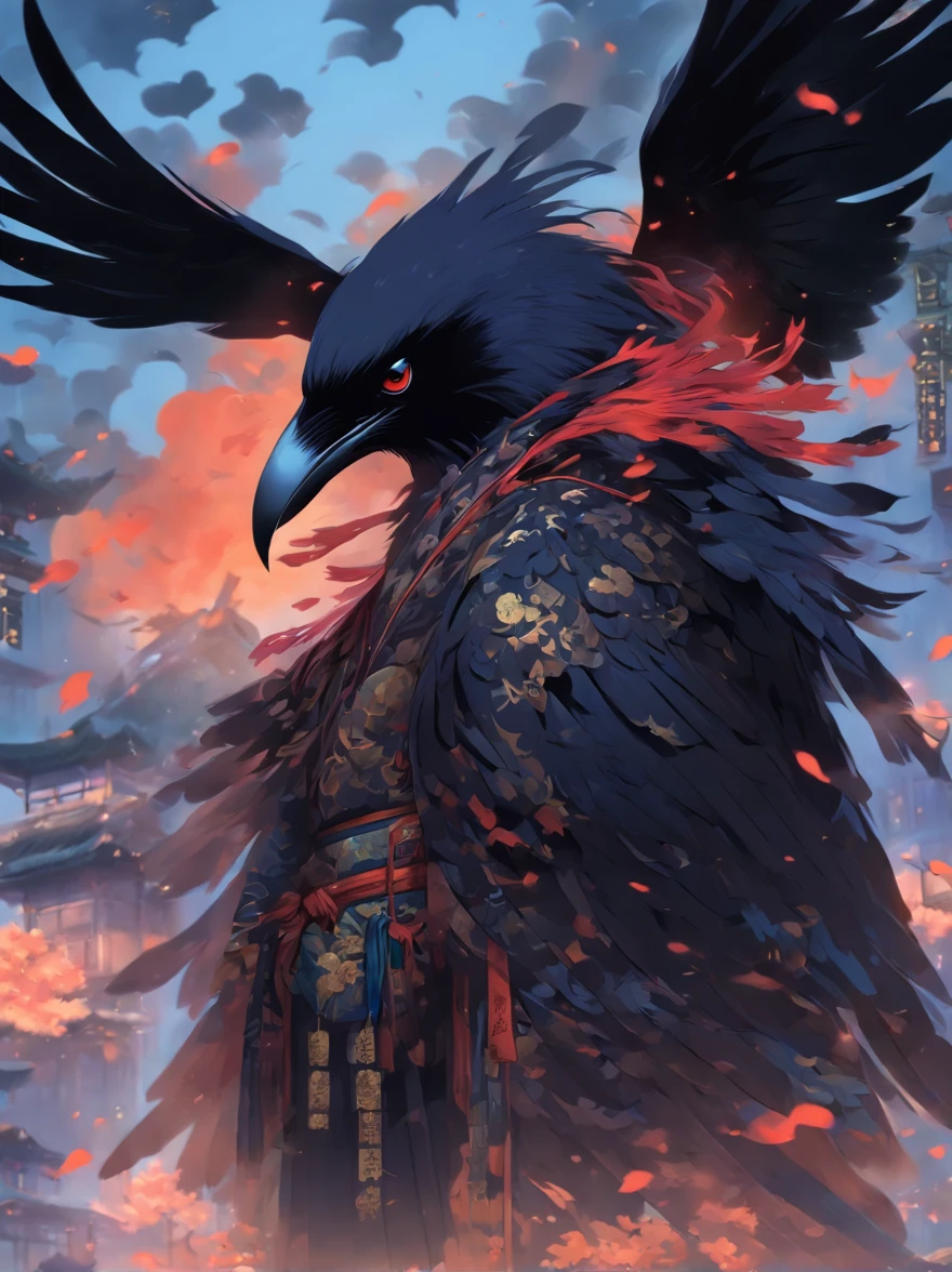 Raven Tengu, traditional japanese concept art，Chinese mythology，Anthropomorphic crows，Black wings，nigh sky，Spear in hand