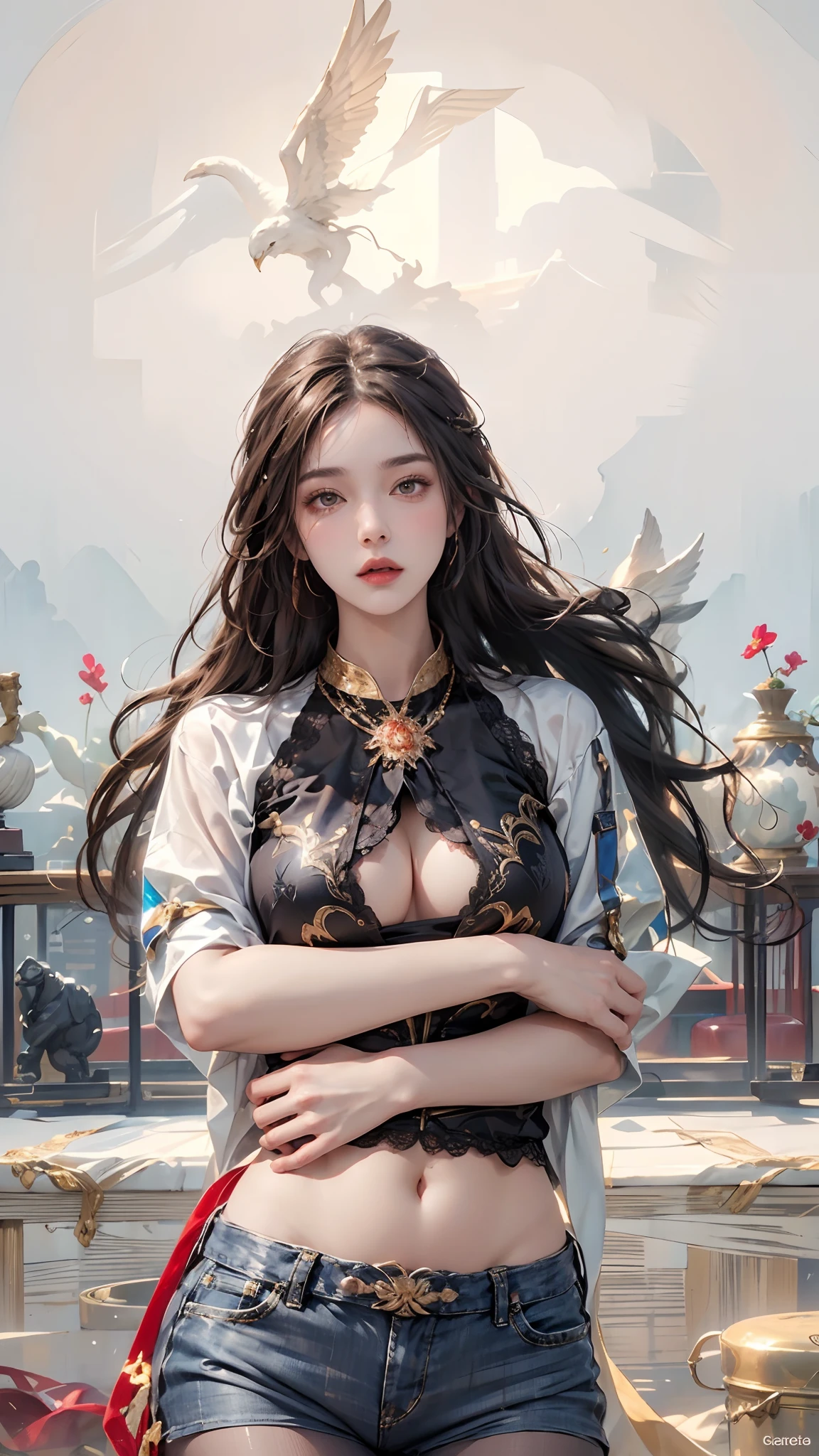 ((Masterpiece, Highest quality)), Detailed face, CharacterDesignSheet,full bodyesbian, Full of details, Multiple poses and expressions, Highly detailed, Depth, Many parts,beuaty girl,cinmatic lighting,with light glowing,Red and gold,Phoenix decoration,light yarn,Lace,lacepantyhose,high-heels