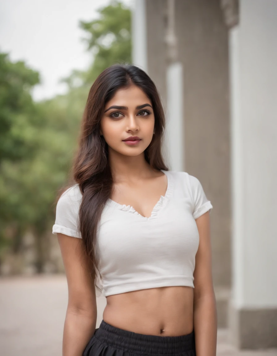 21 years old Tamil girl posing, wearing design sports t shirt and hot cotton short frill skirt, full body view, perfect face, perfect eyes, perfect lips, 20 years old, Indian street background, depth of field, big breast, cleavage,
