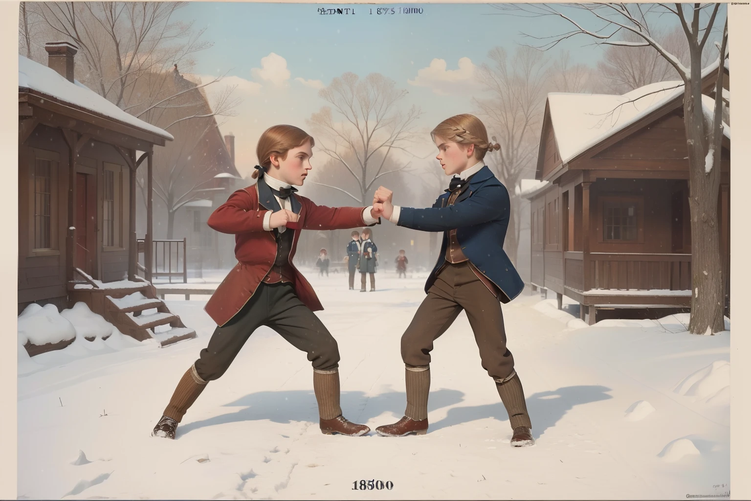year: 1852. Location: Rock Island, Illinois. Pre-Raphaelite scene with a 13-year-old blonde boy, school fight, ((fist fight)), school back yard, winter snow, ((((boy Clothing from the 1850s)))) ((Hairstyle of the 1850s)), ((("OMITB" cinematography)))