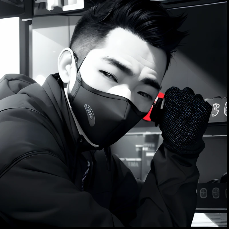 a close up of a person wearing a face mask, wearing mask, black and white picture, portait photo profile picture, profile pic, wearing facemask, wearing a mask, wearing all black mempo mask, with accurate face, wearing bandit mask, masked face, candid photo, masked, mask, desaturated!!, candid picture, menacing look, profile photo